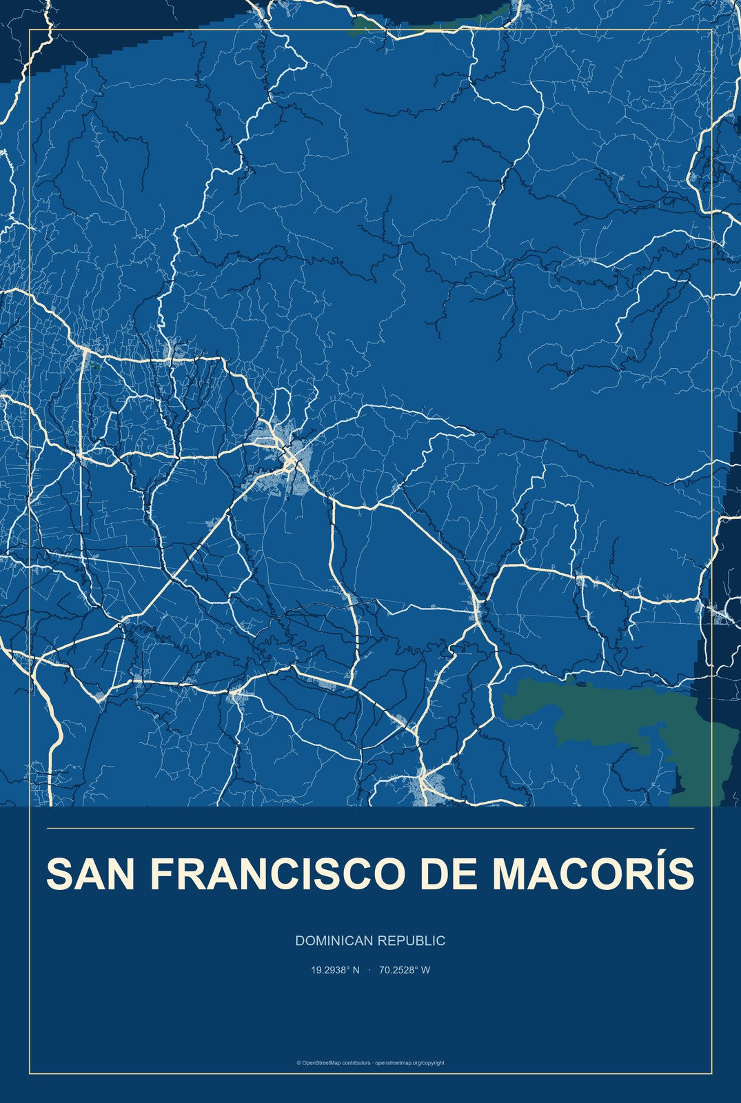 San Francisco de Macorís, Dominican Republic City Map Aluminum Sign in Harbor Cobalt style
