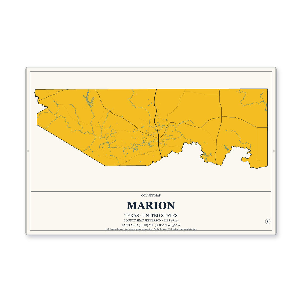 Marion County, Texas Map Aluminum Sign in Citrine Modern style