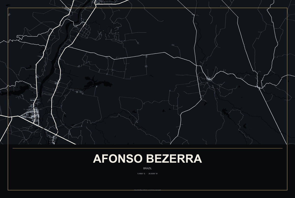 Afonso Bezerra, Brazil City Map Aluminum Sign in Metropolitan Noir style