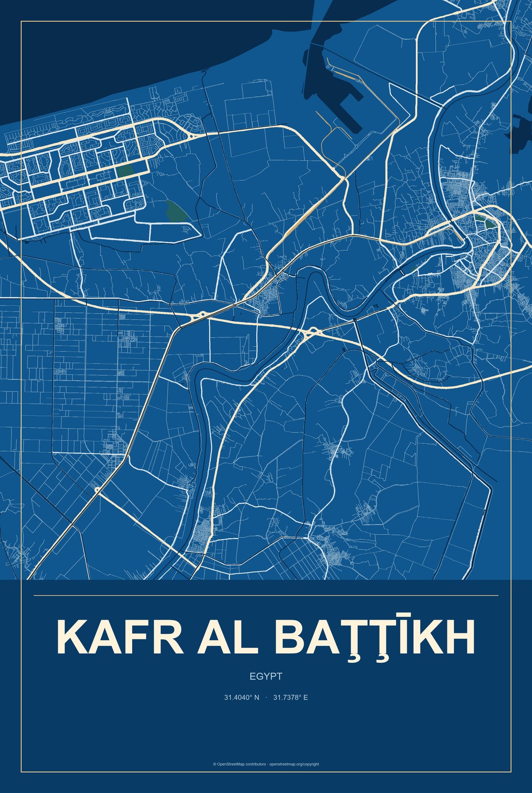 Kafr al Baţţīkh, Egypt City Map Aluminum Sign in Harbor Cobalt style