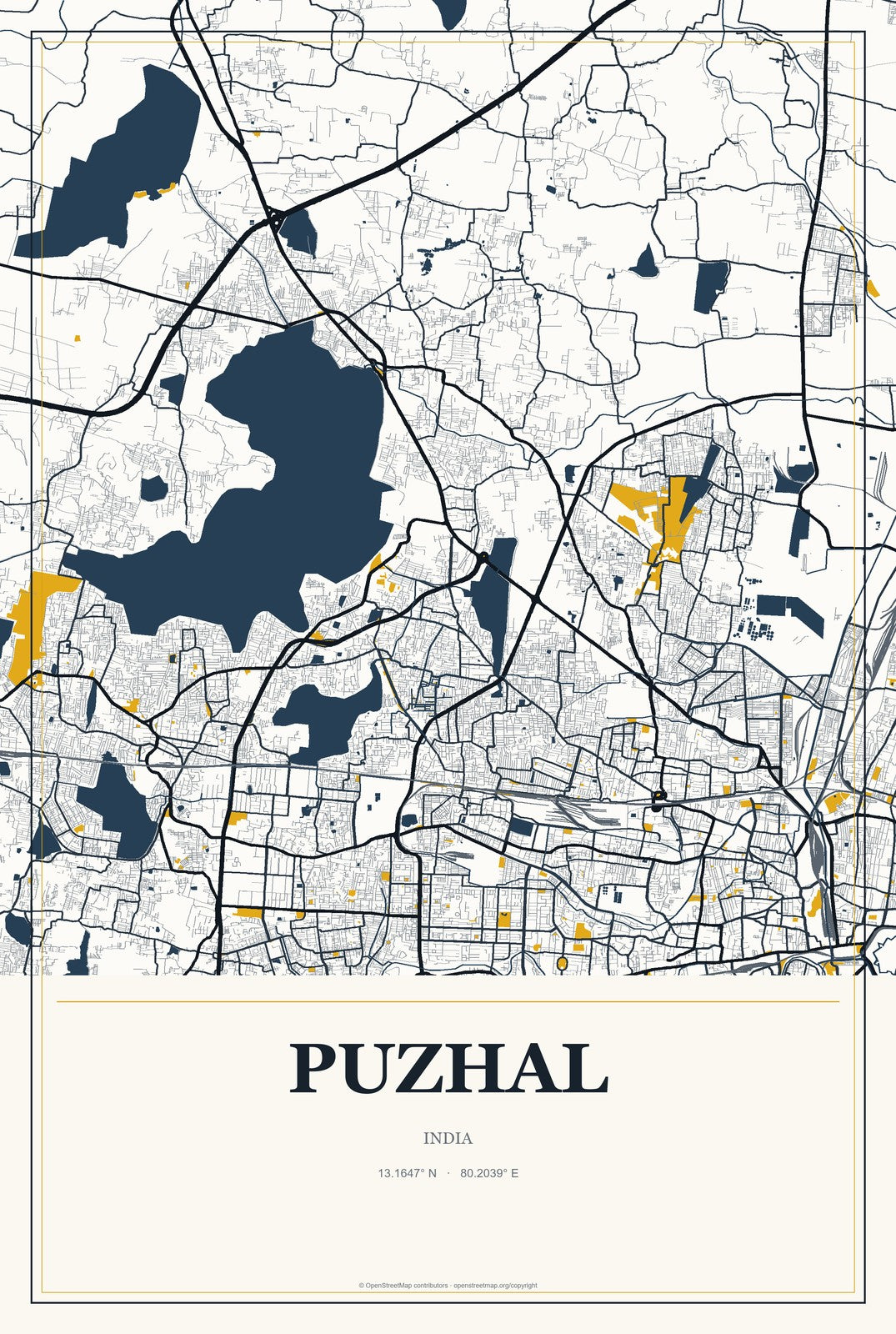 Puzhal, India City Map Aluminum Sign in Citrine Modern style