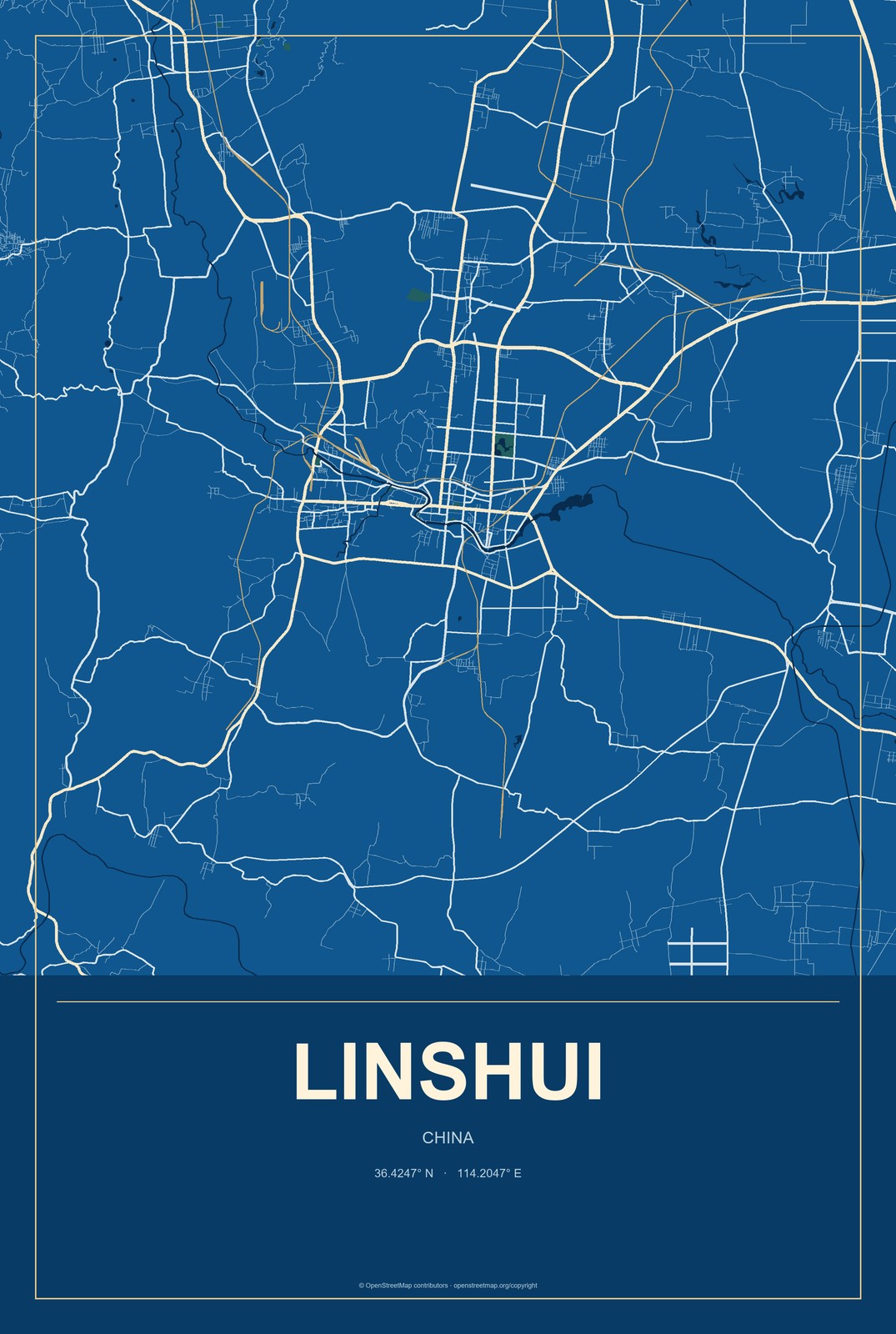 Linshui, China City Map Aluminum Sign in Harbor Cobalt style
