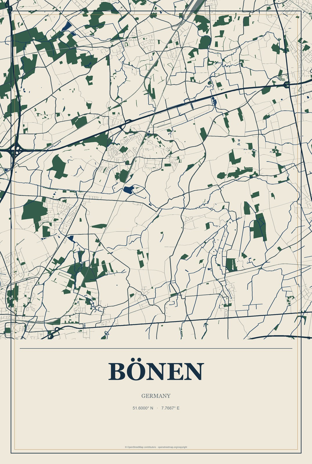 Bönen, Germany City Map Aluminum Sign in Coastal Cutout style