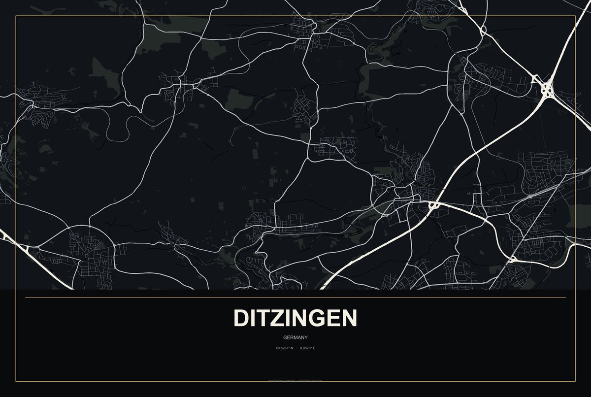 Ditzingen, Germany City Map Aluminum Sign in Metropolitan Noir style