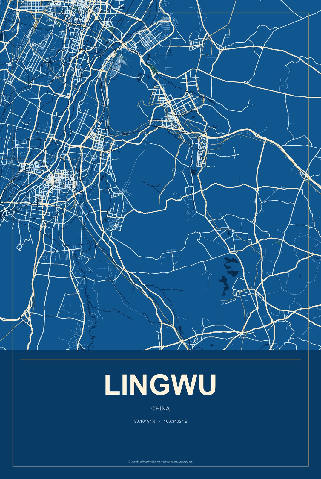 Lingwu, China City Map Aluminum Sign in Harbor Cobalt style