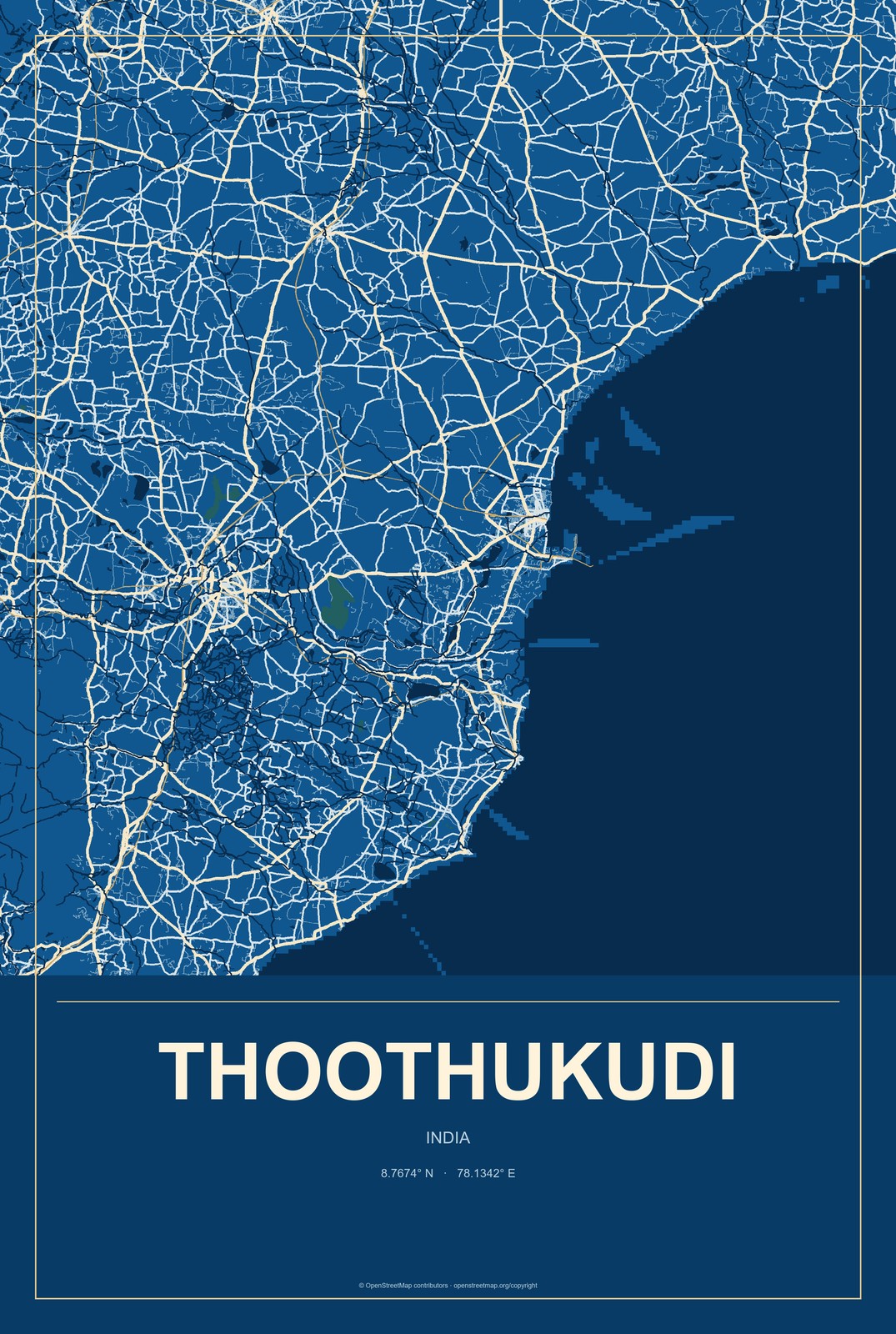 Thoothukudi, India City Map Aluminum Sign in Harbor Cobalt style