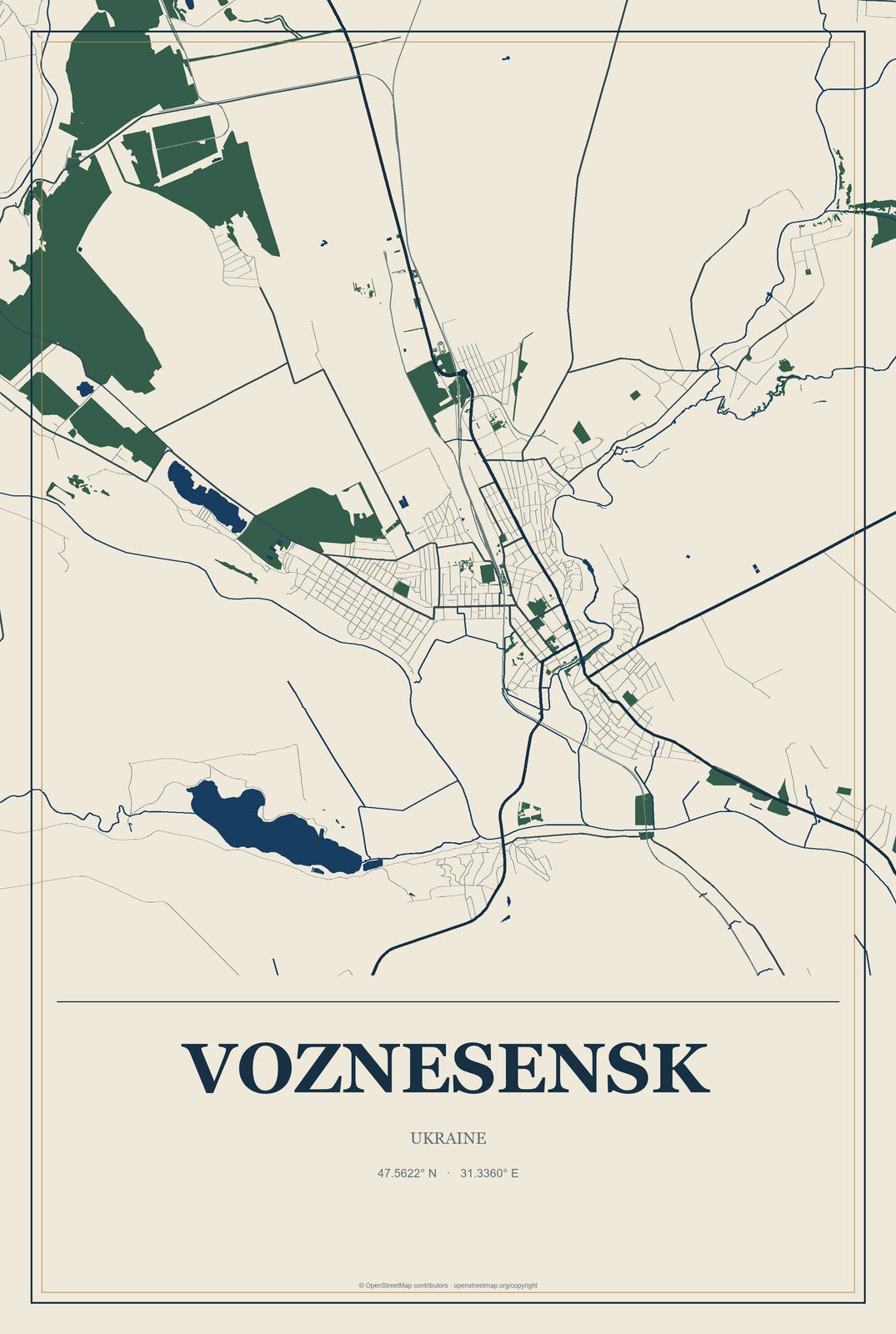 Voznesensk, Ukraine City Map Aluminum Sign in Coastal Cutout style
