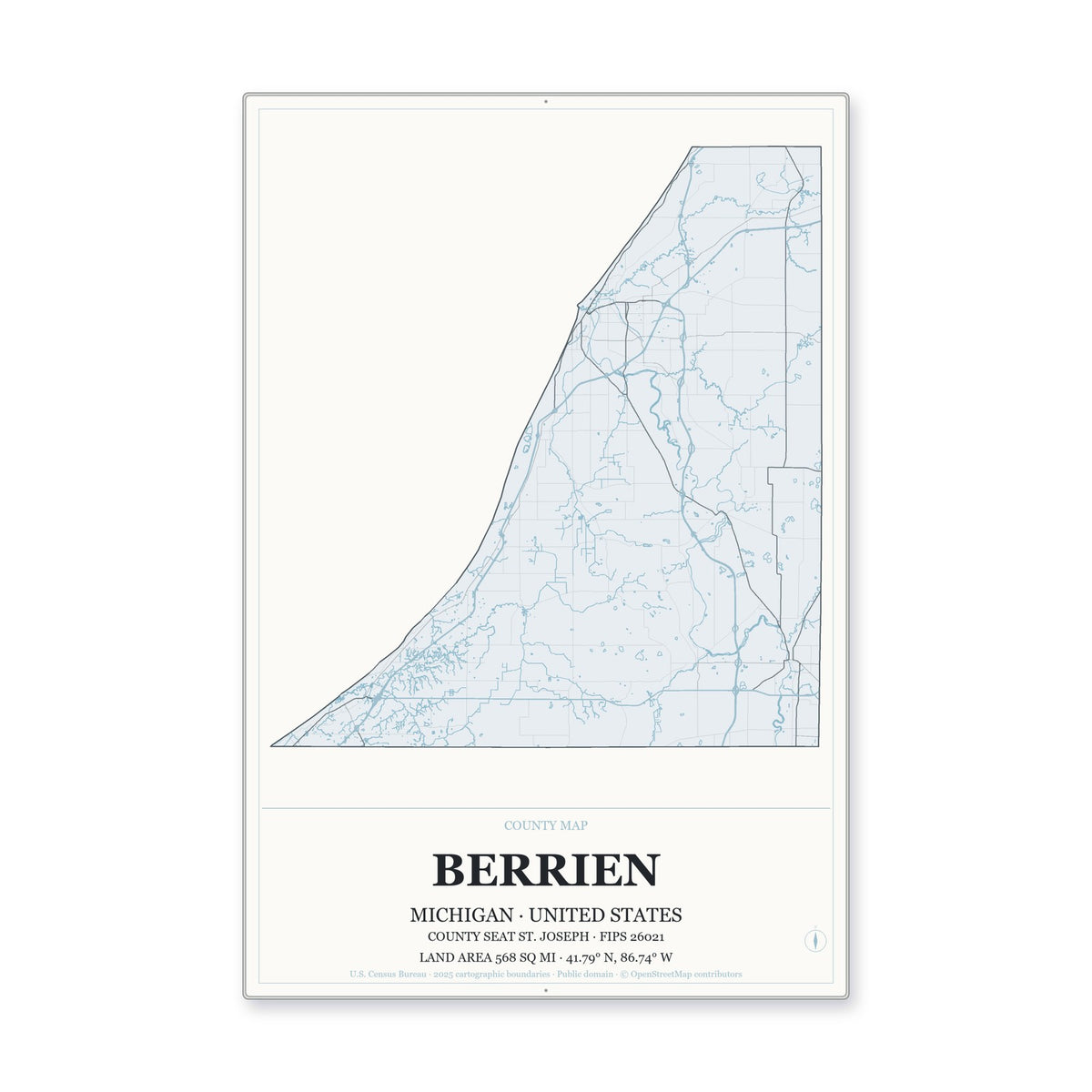Berrien County, Michigan Map Aluminum Sign in Gallery Air style