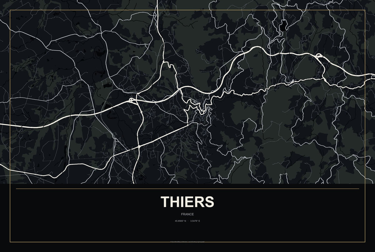 Thiers, France City Map Aluminum Sign in Metropolitan Noir style