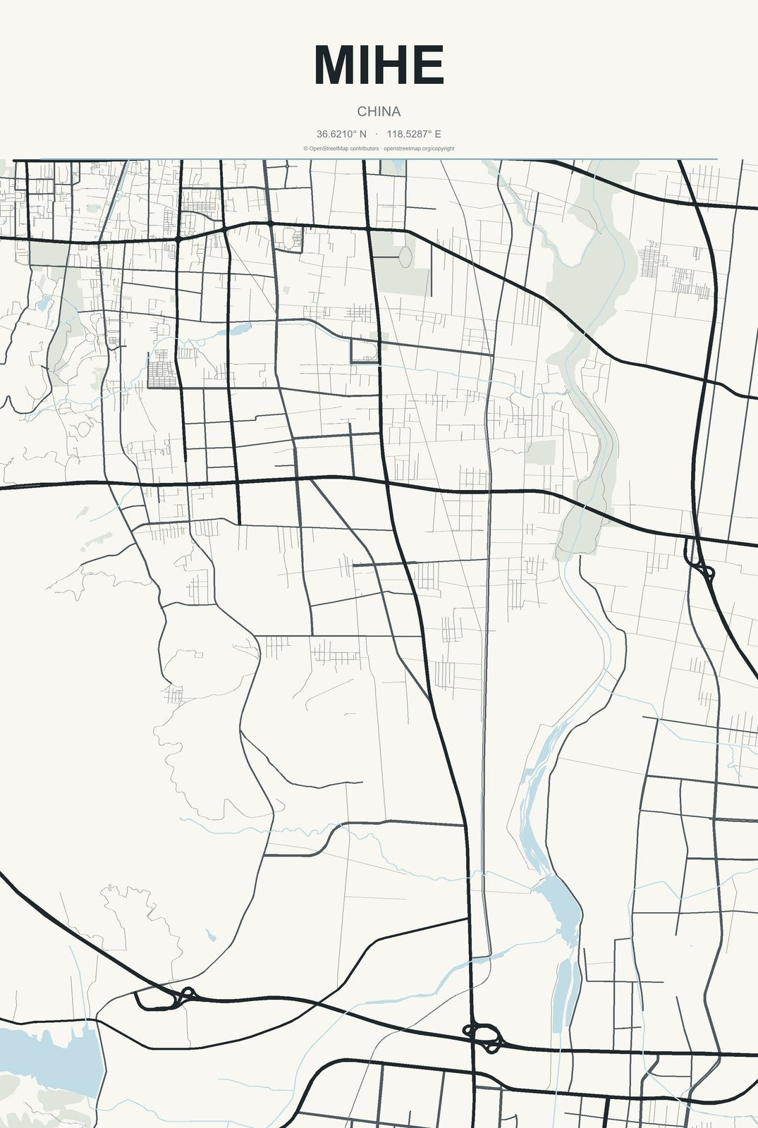 Mihe, China City Map Aluminum Sign in Headline Atlas style