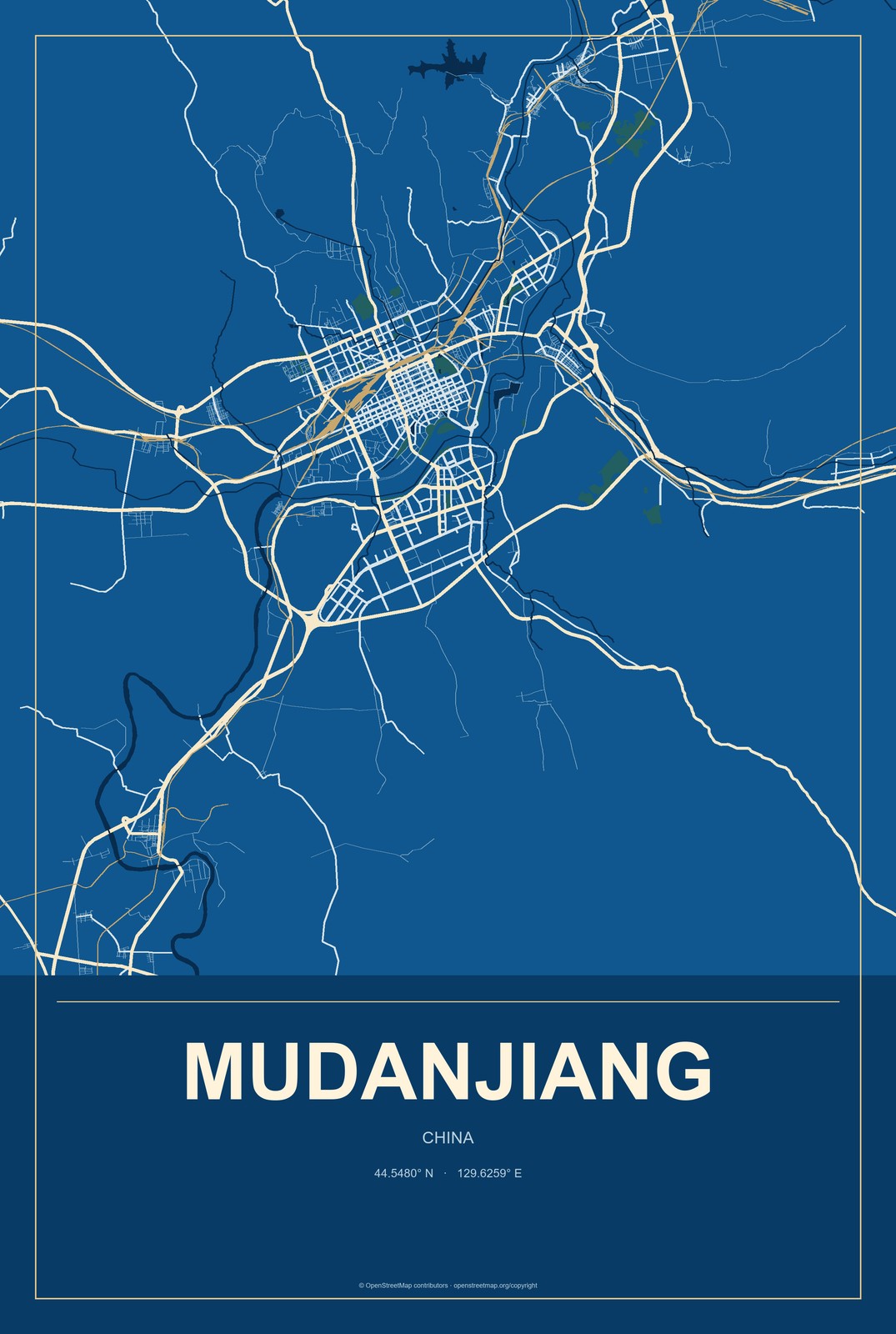 Mudanjiang, China City Map Aluminum Sign in Harbor Cobalt style
