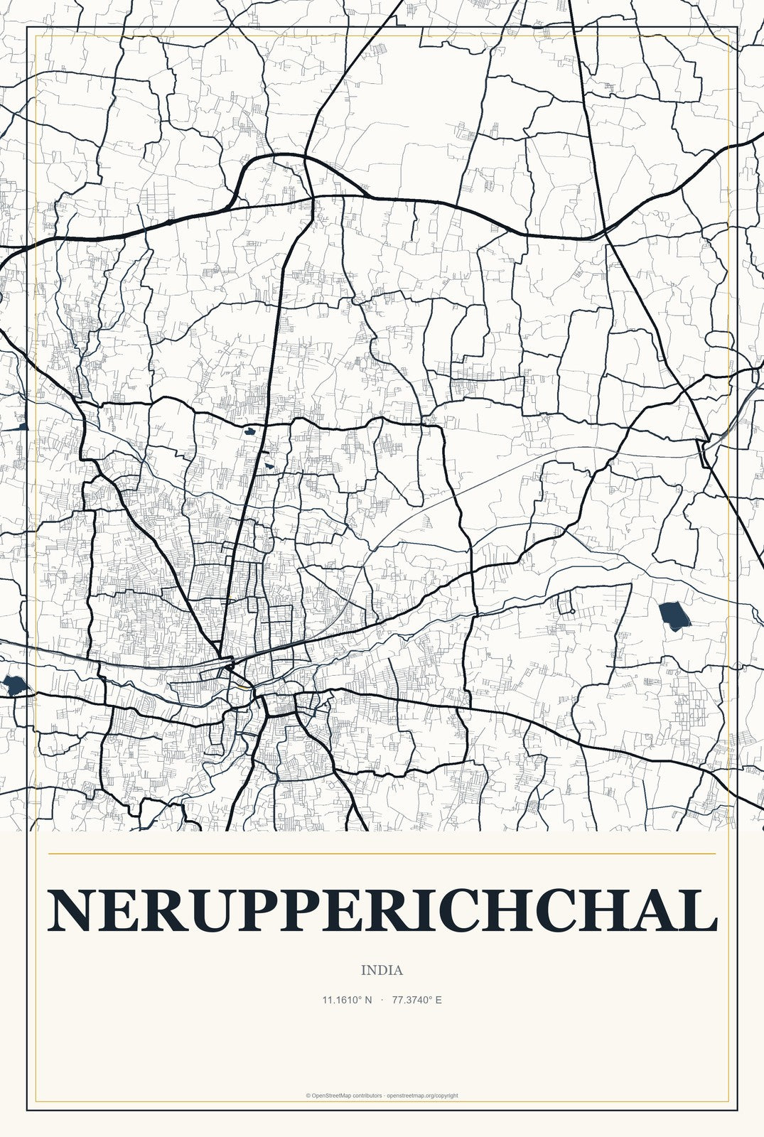 Nerupperichchal, India City Map Aluminum Sign in Citrine Modern style
