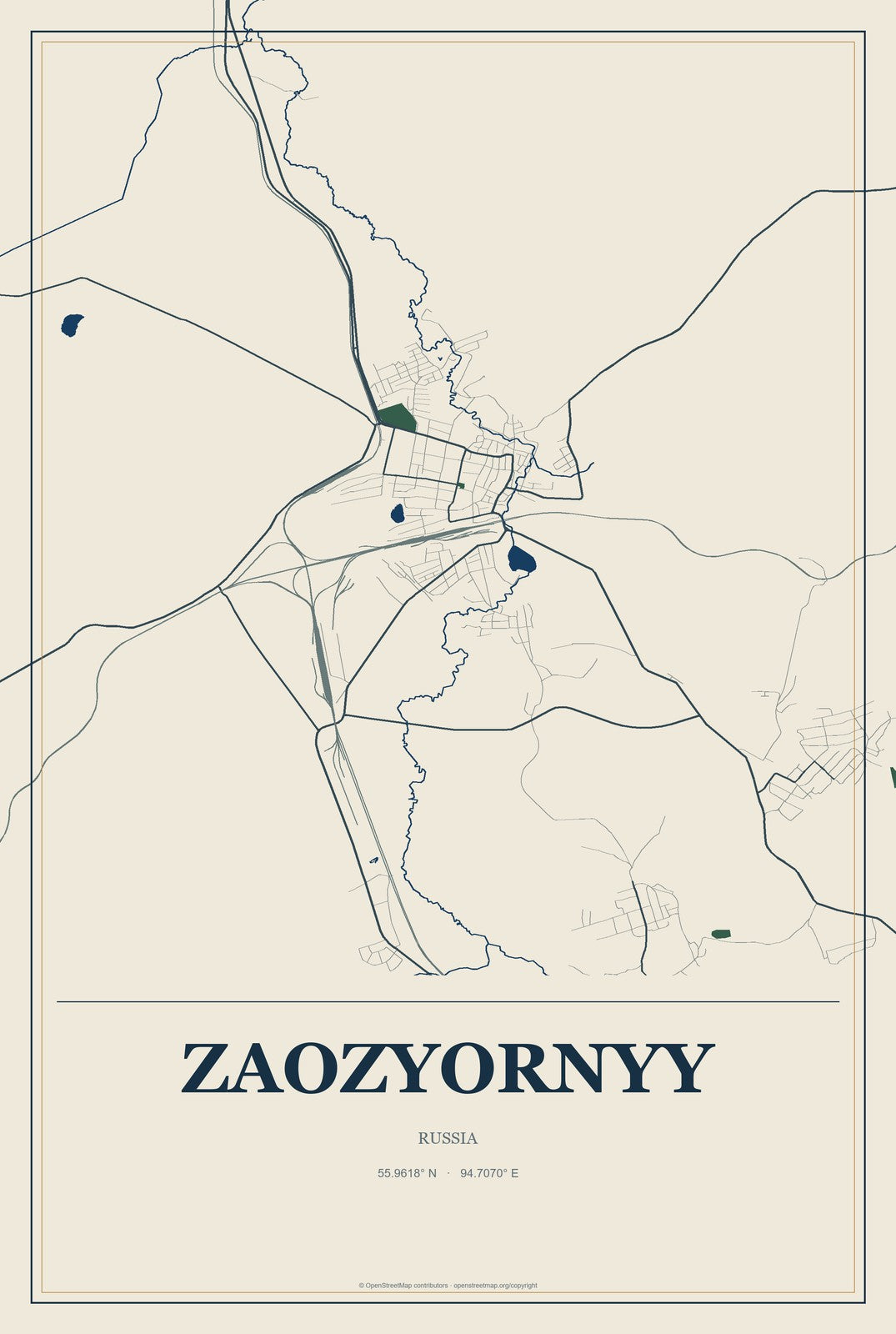 Zaozyornyy, Russia City Map Aluminum Sign in Coastal Cutout style