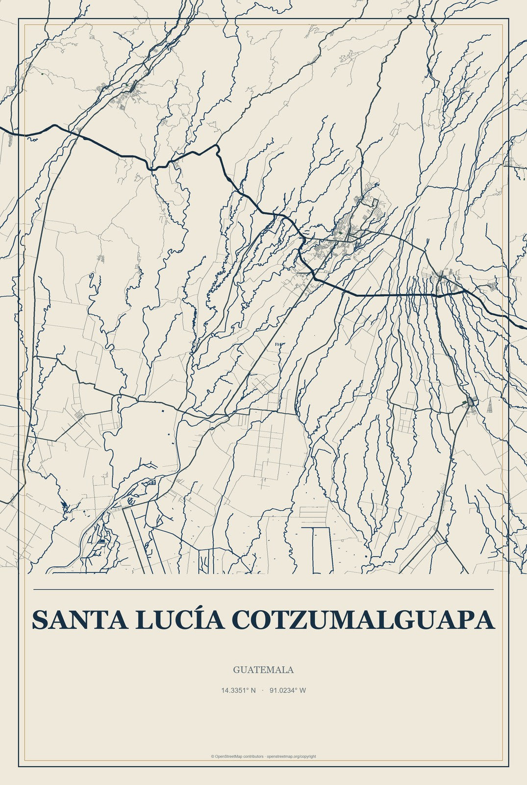 Santa Lucía Cotzumalguapa, Guatemala City Map Aluminum Sign in Coastal Cutout style
