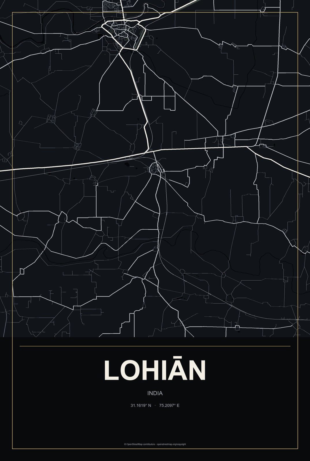 Lohiān, India City Map Aluminum Sign in Metropolitan Noir style