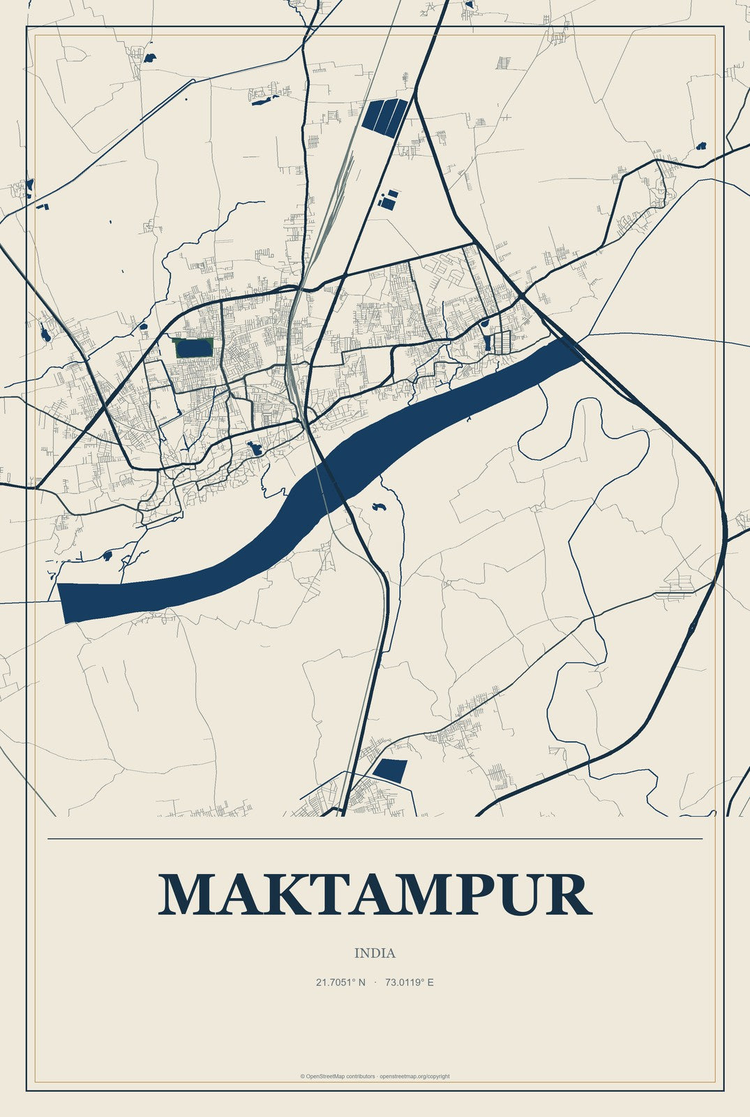Maktampur, India City Map Aluminum Sign in Coastal Cutout style