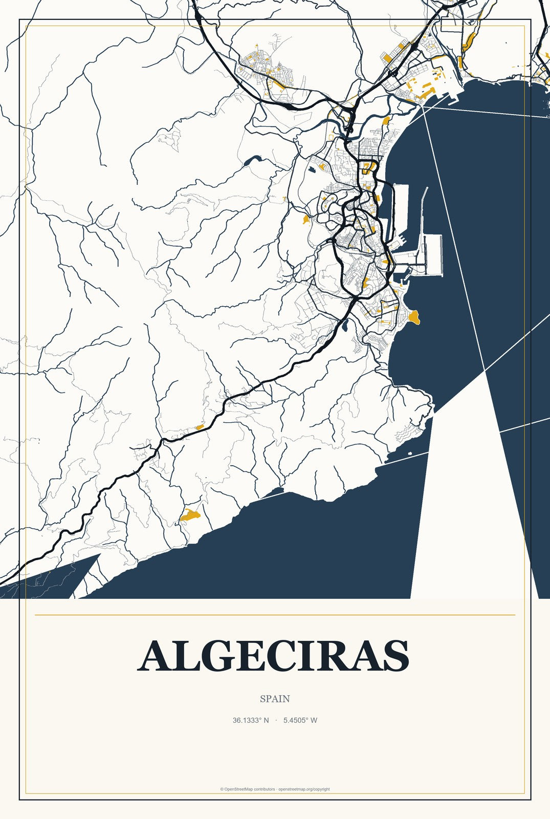 Algeciras, Spain City Map Aluminum Sign in Citrine Modern style