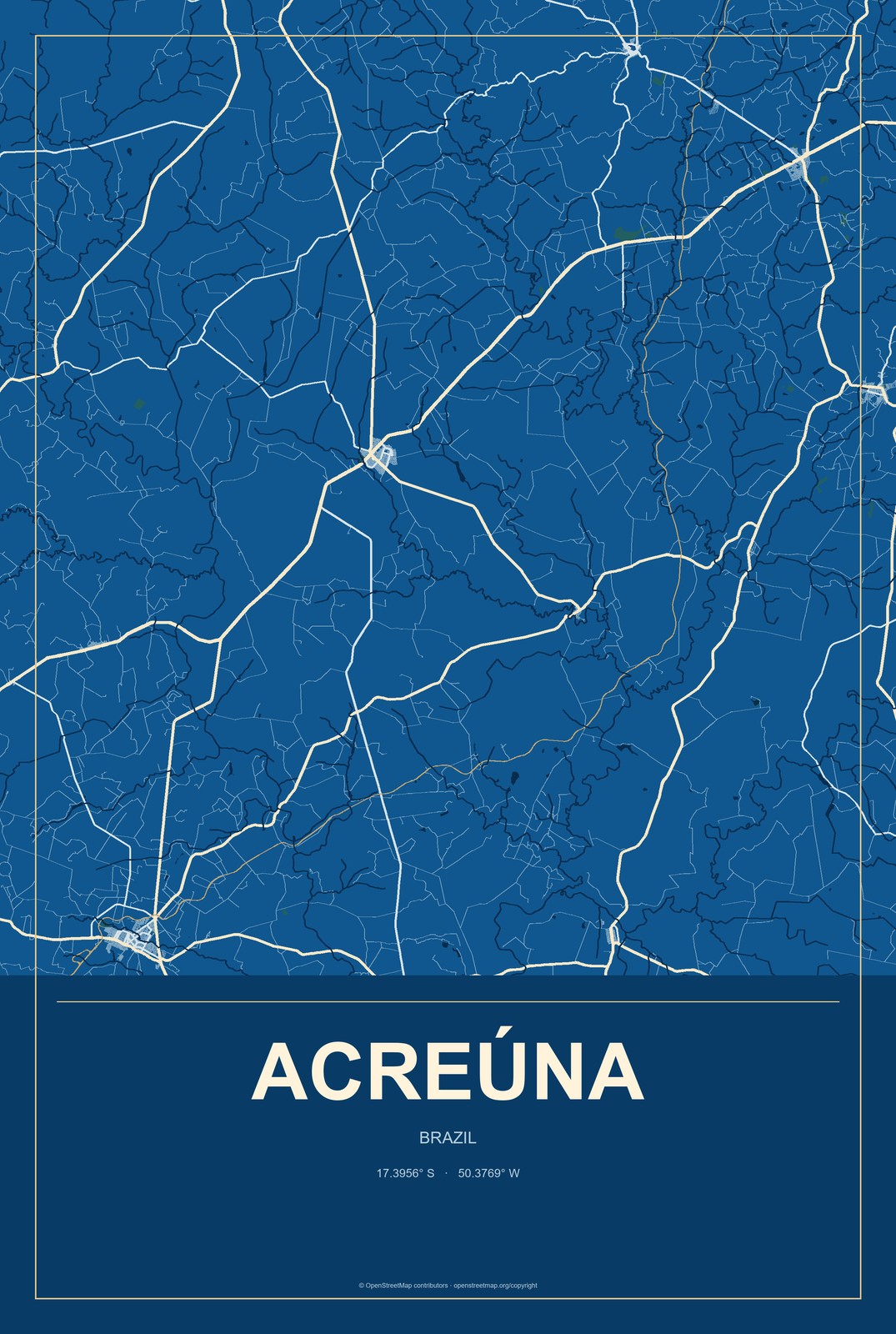 Acreúna, Brazil City Map Aluminum Sign in Harbor Cobalt style