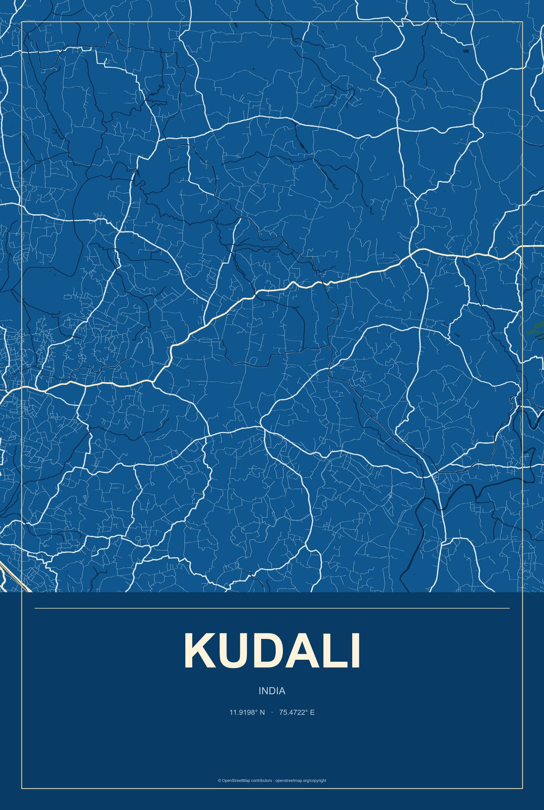 Kudali, India City Map Aluminum Sign in Harbor Cobalt style