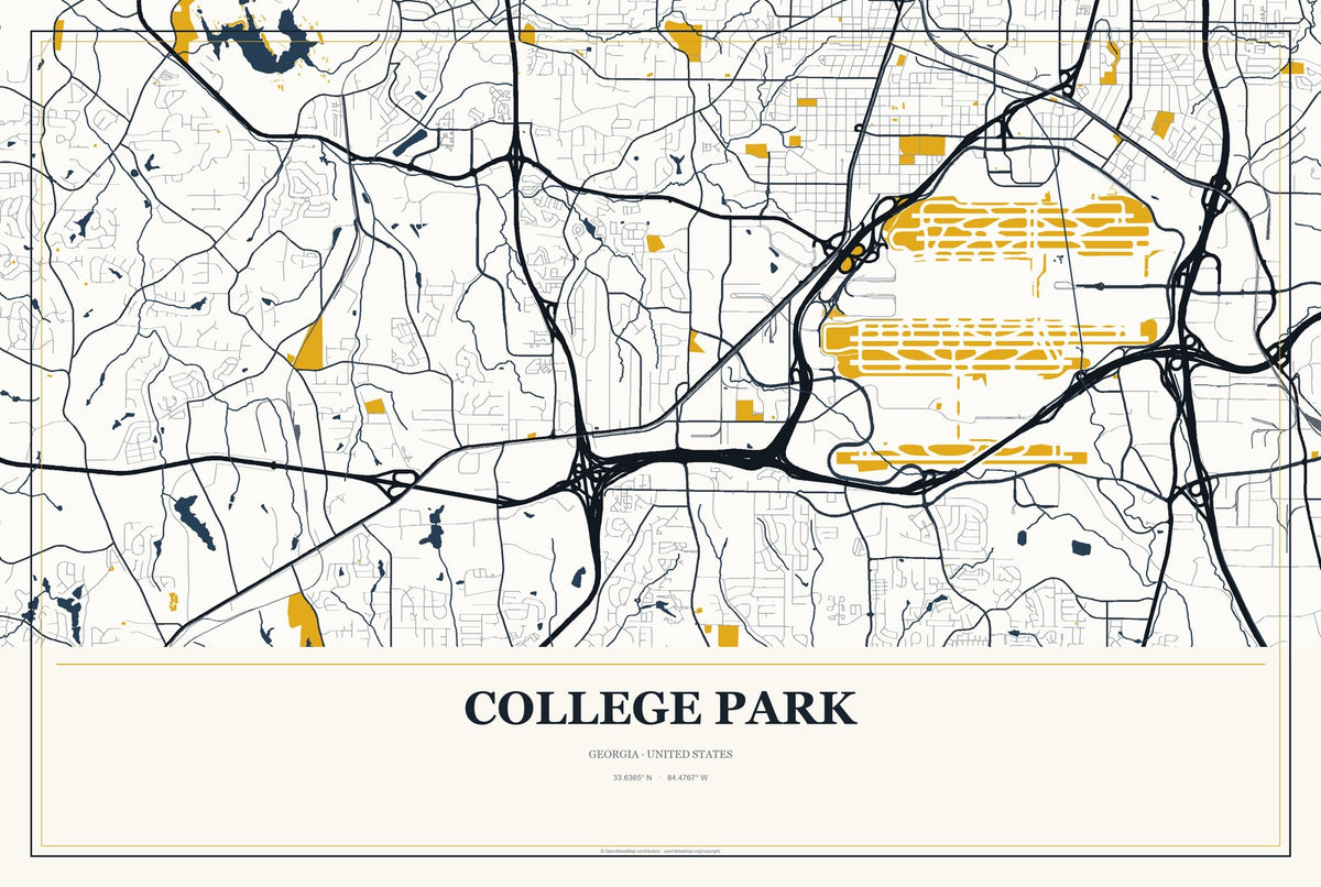 College Park, Georgia City Map Aluminum Sign in Citrine Modern style
