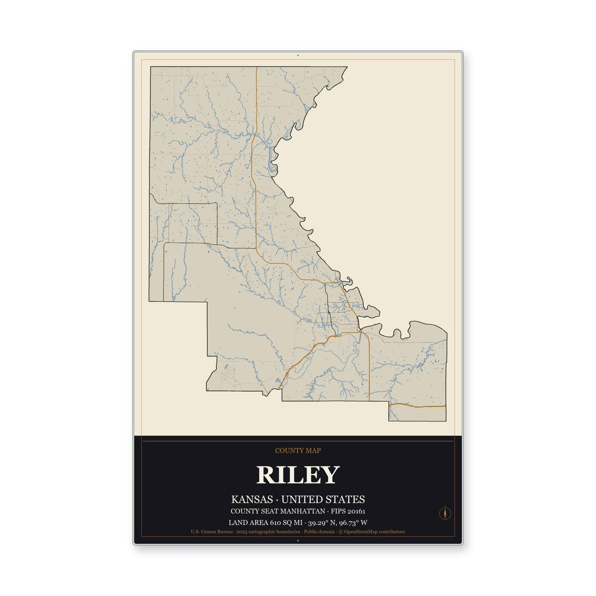 Riley County, Kansas Map Aluminum Sign in Museum Plaque style