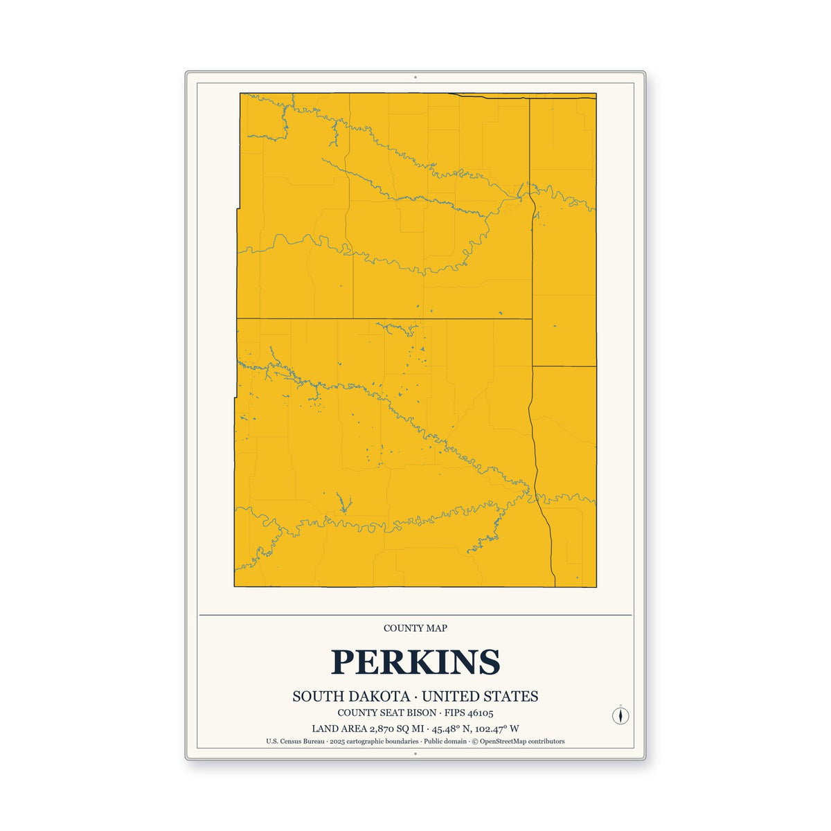 Perkins County, South Dakota Map Aluminum Sign in Citrine Modern style