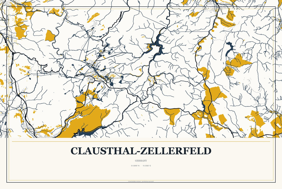 Clausthal-Zellerfeld, Germany City Map Aluminum Sign in Citrine Modern style