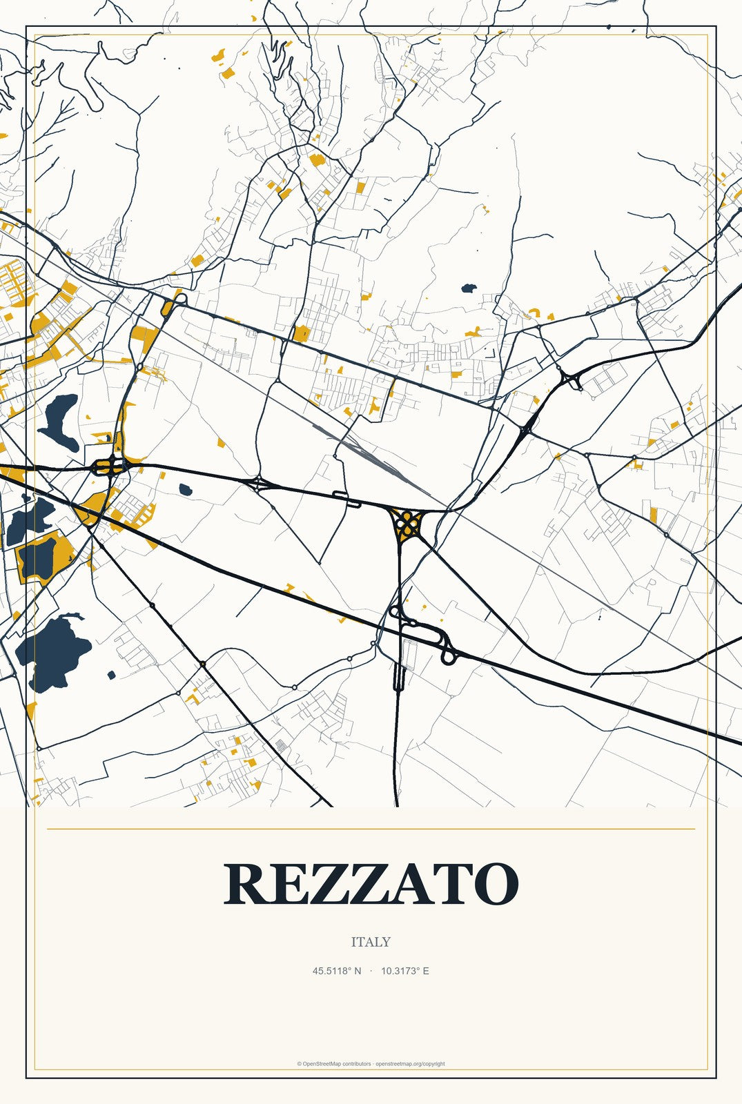 Rezzato, Italy City Map Aluminum Sign in Citrine Modern style