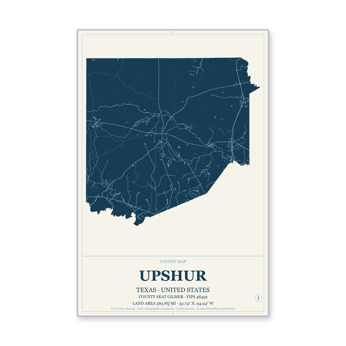 Upshur County, Texas Map Aluminum Sign in Coastal Cutout style