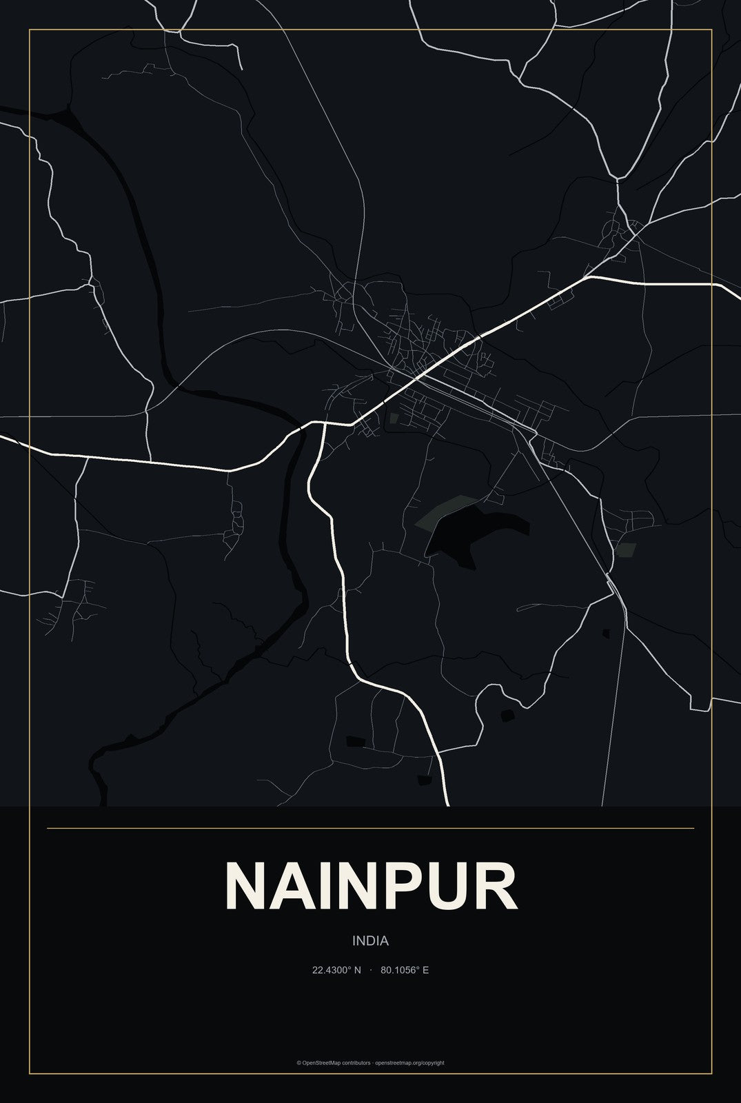 Nainpur, India City Map Aluminum Sign in Metropolitan Noir style