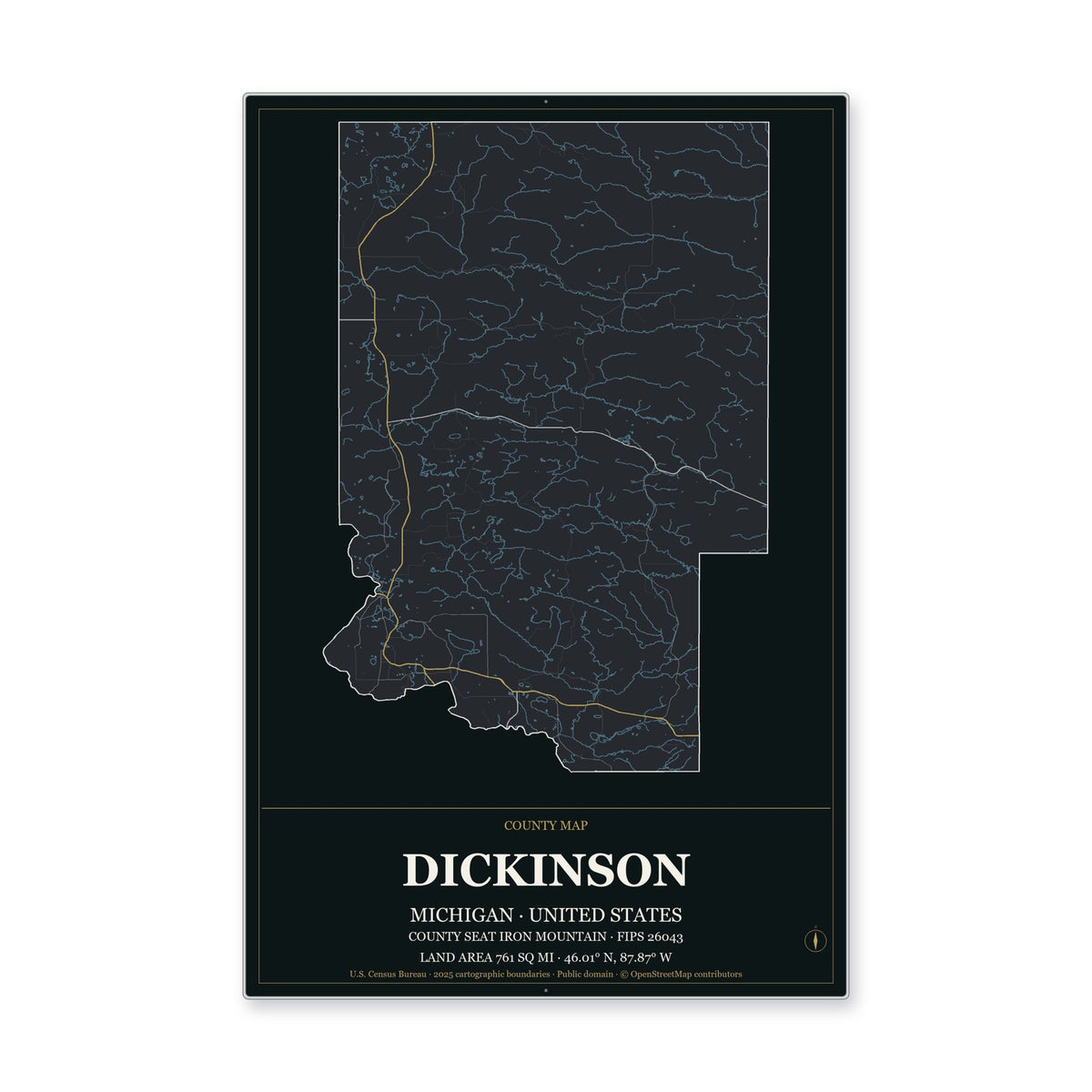 Dickinson County, Michigan Map Aluminum Sign in Metropolitan Noir style