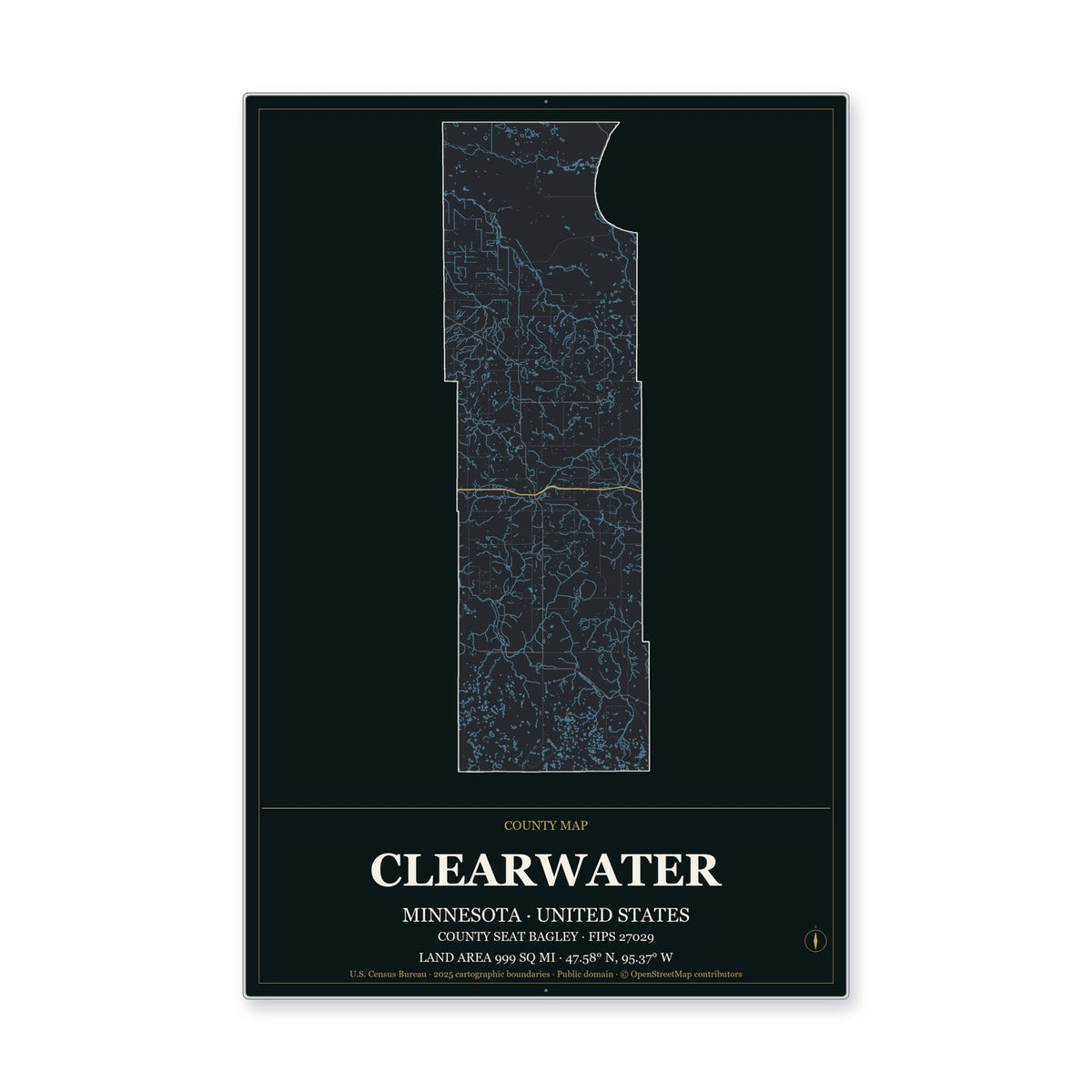 Clearwater County, Minnesota Map Aluminum Sign in Metropolitan Noir style
