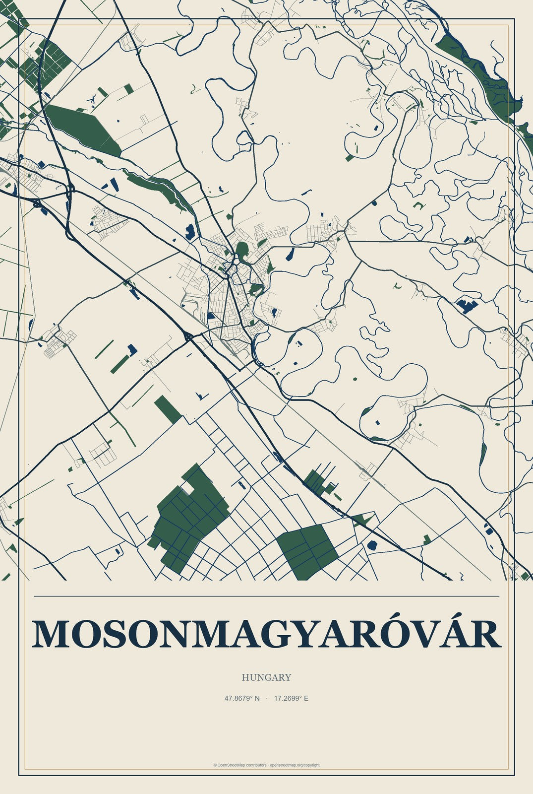 Mosonmagyaróvár, Hungary City Map Aluminum Sign in Coastal Cutout style