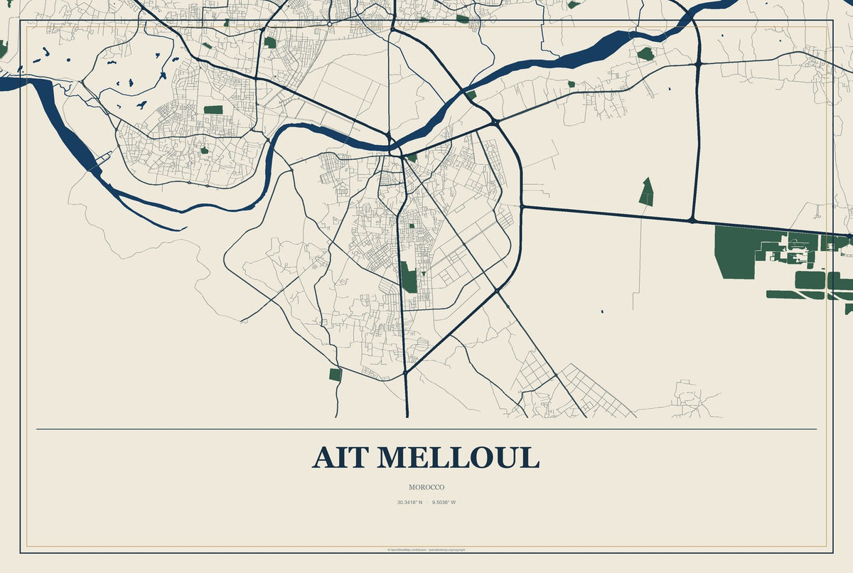 Ait Melloul, Morocco City Map Aluminum Sign in Coastal Cutout style