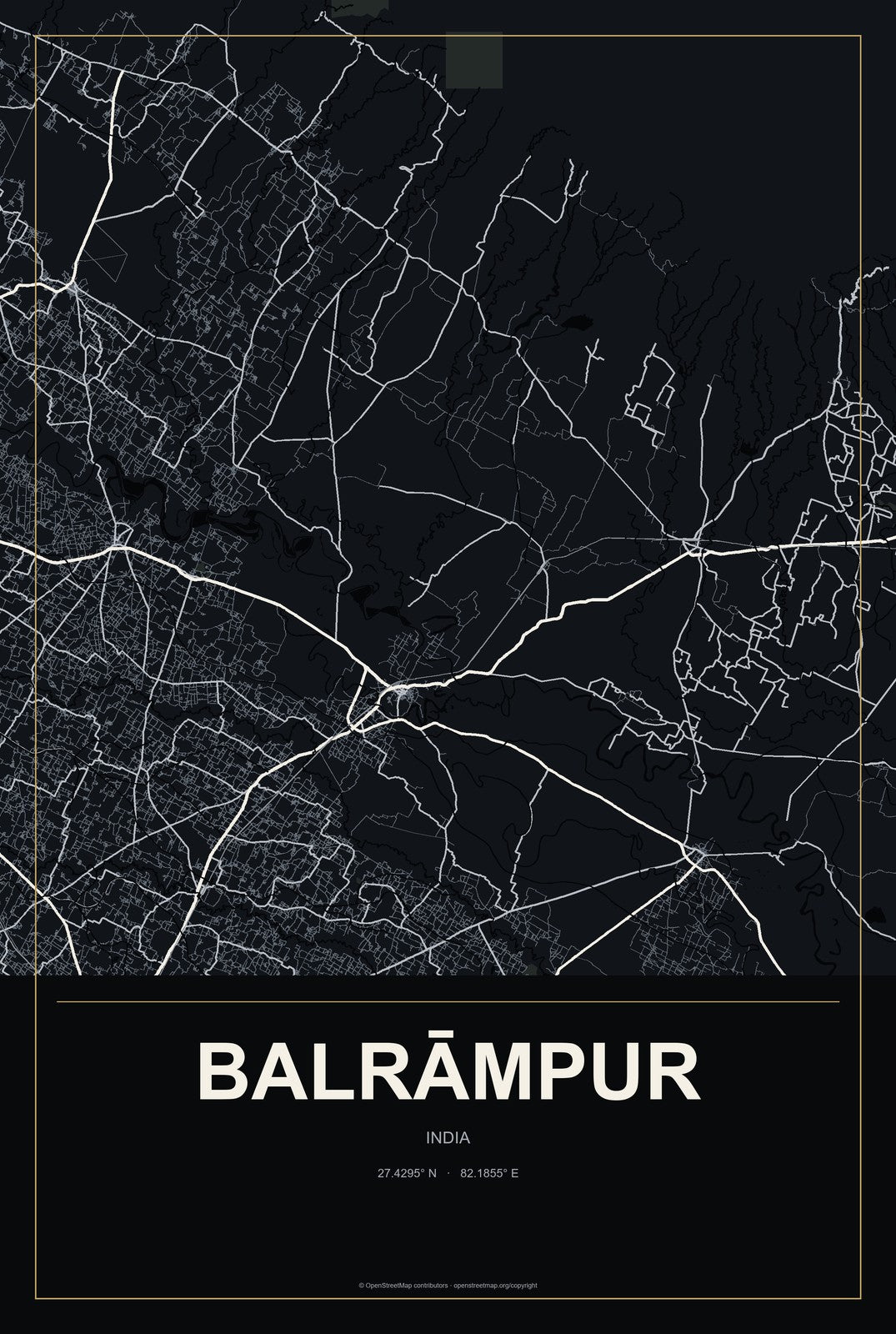 Balrāmpur, India City Map Aluminum Sign in Metropolitan Noir style