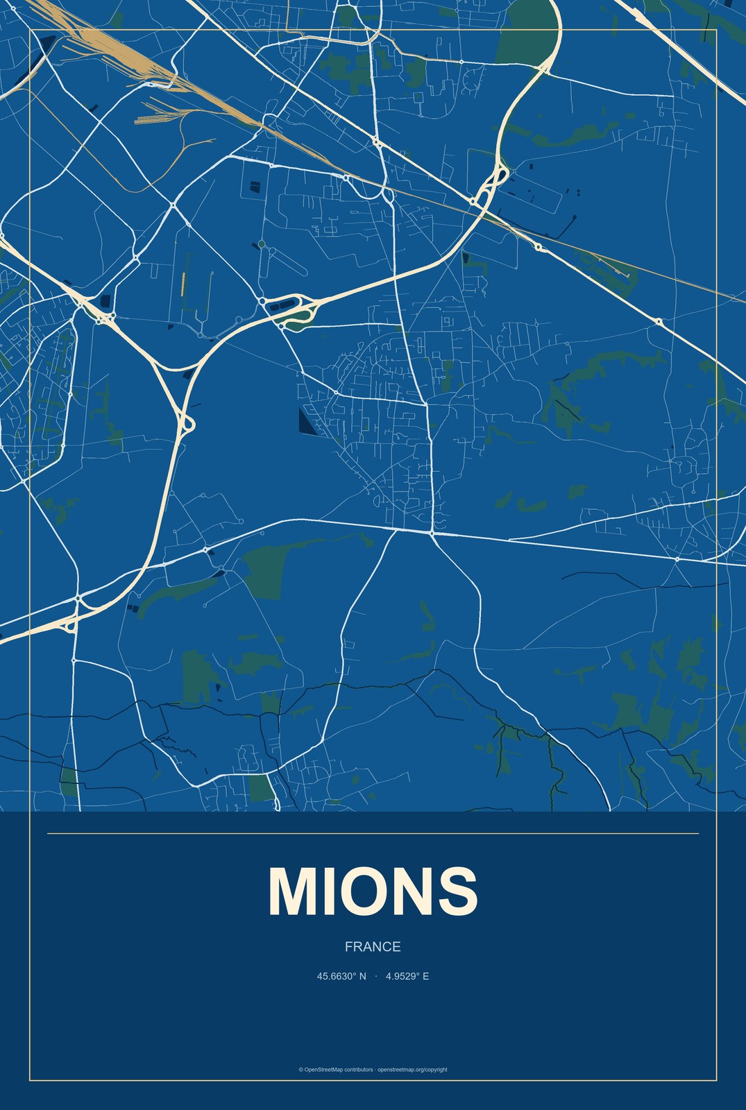 Mions, France City Map Aluminum Sign in Harbor Cobalt style