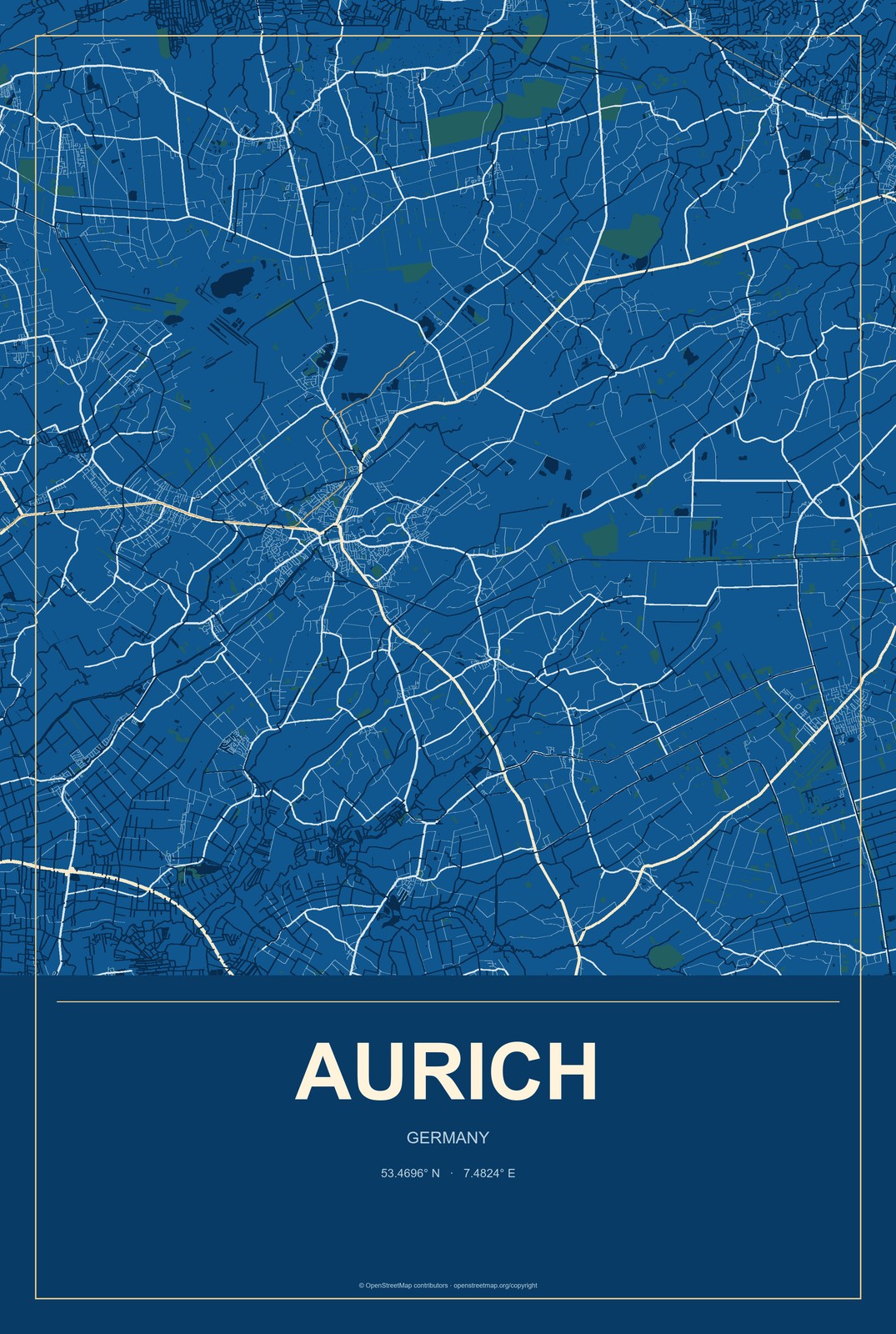 Aurich, Germany City Map Aluminum Sign in Harbor Cobalt style