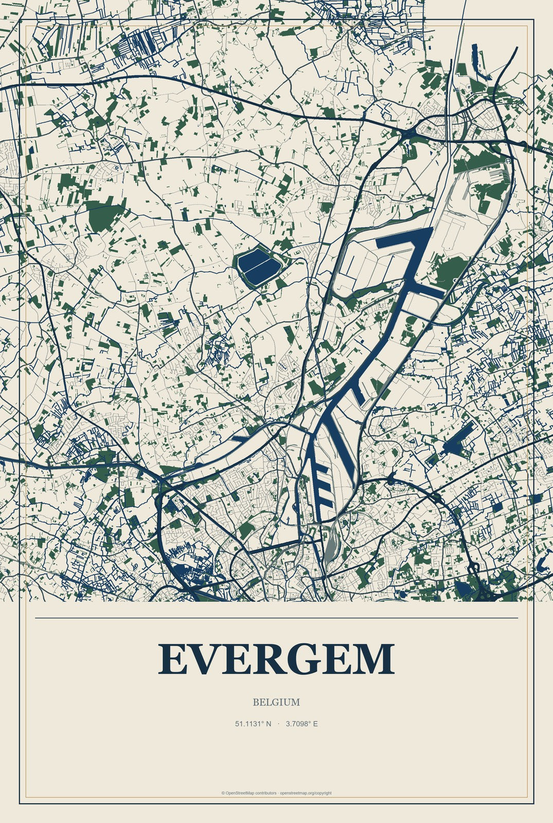 Evergem, Belgium City Map Aluminum Sign in Coastal Cutout style