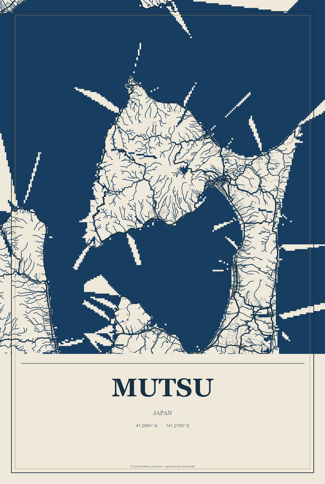 Mutsu, Japan City Map Aluminum Sign in Coastal Cutout style