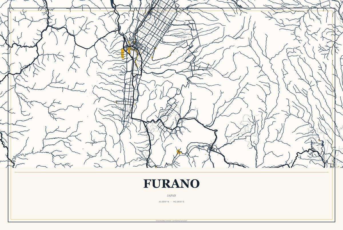Furano, Japan City Map Aluminum Sign in Citrine Modern style