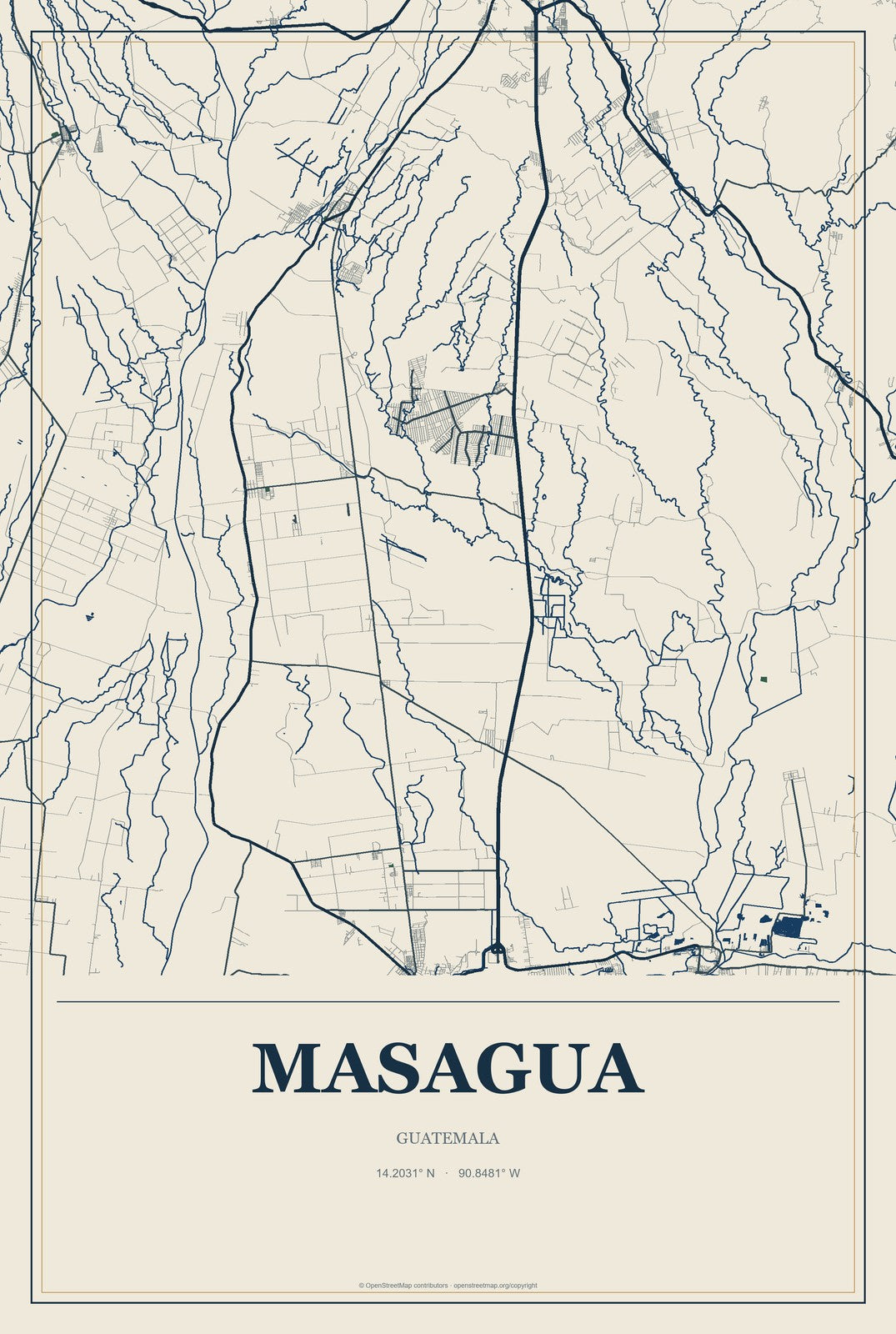 Masagua, Guatemala City Map Aluminum Sign in Coastal Cutout style