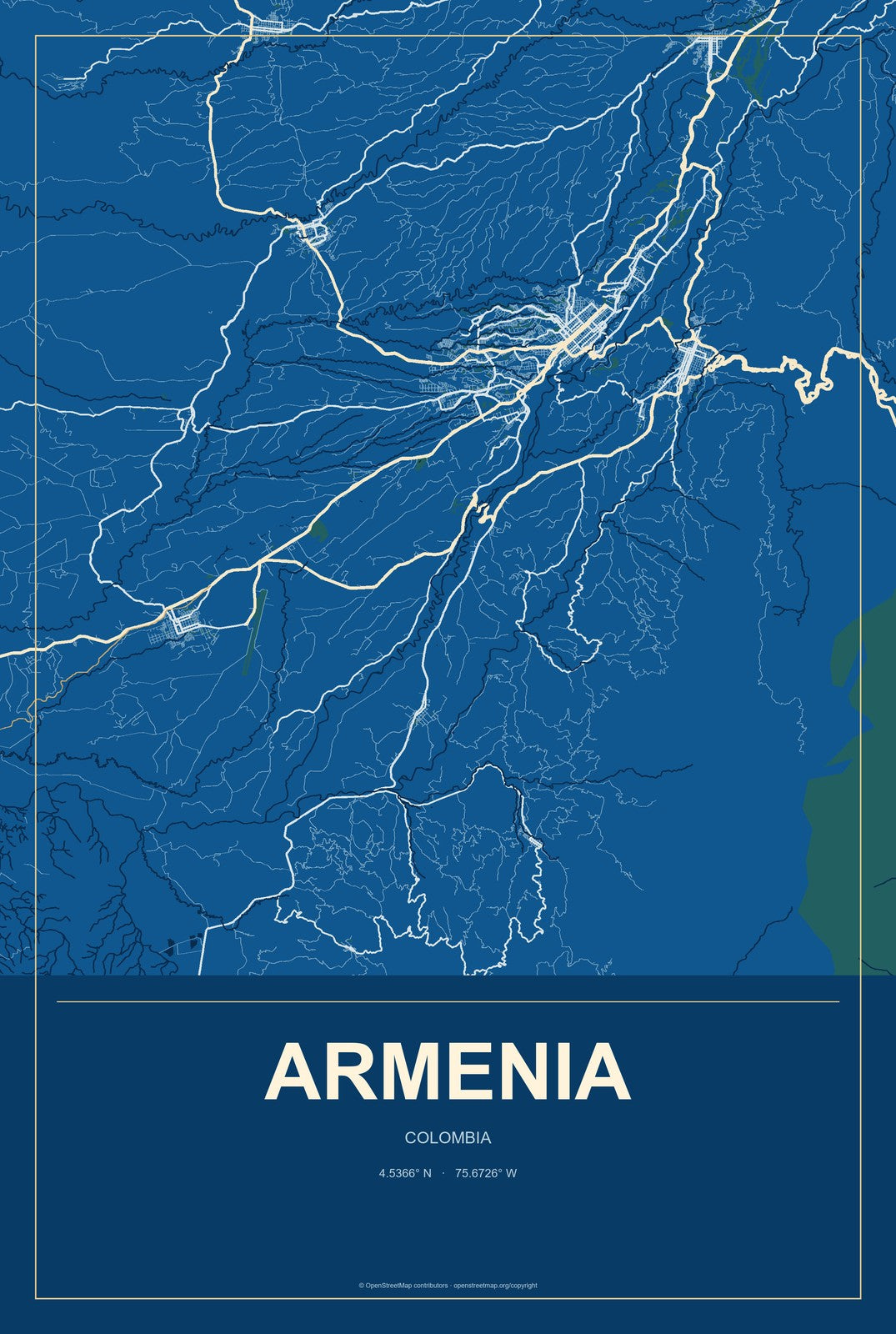 Armenia, Colombia City Map Aluminum Sign in Harbor Cobalt style