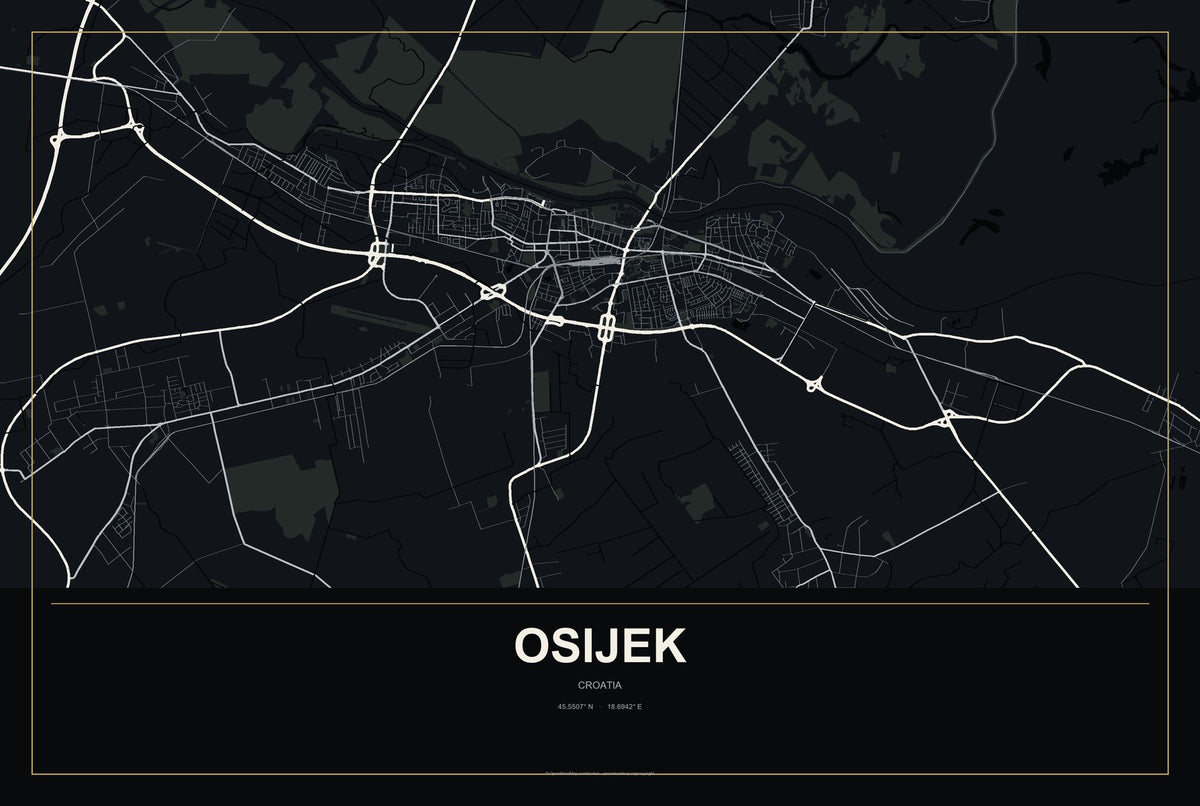 Osijek, Croatia City Map Aluminum Sign in Metropolitan Noir style