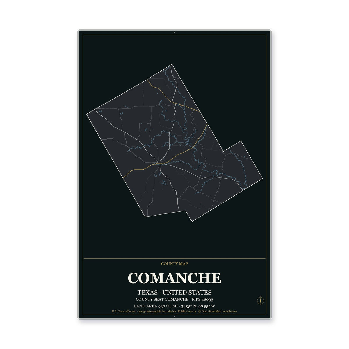 Comanche County, Texas Map Aluminum Sign in Metropolitan Noir style