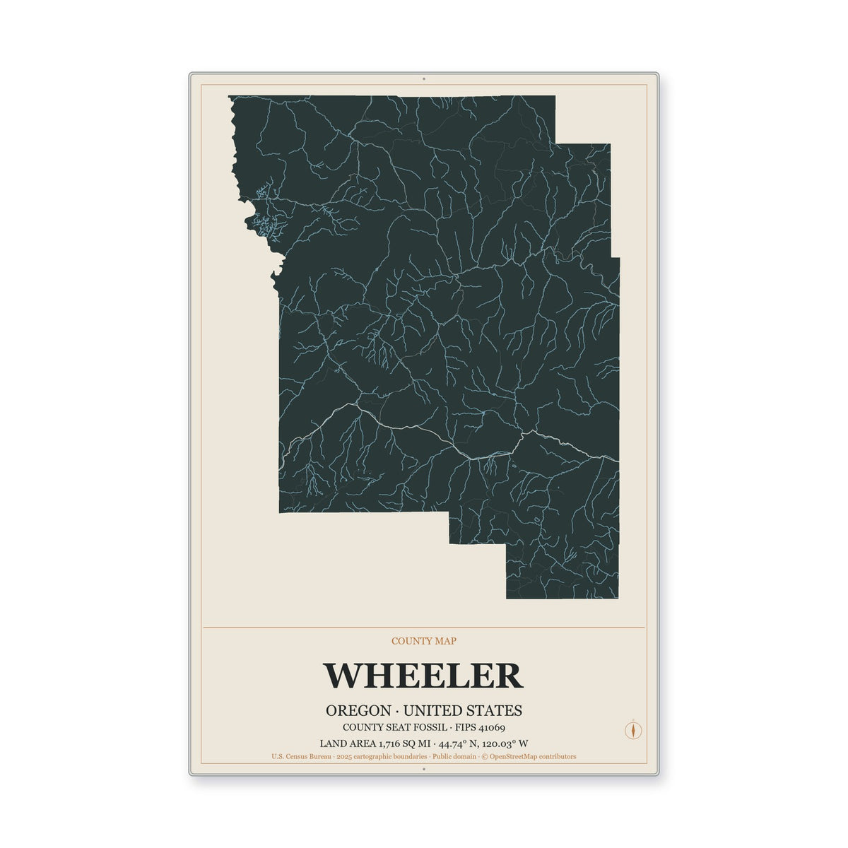 Wheeler County, Oregon Map Aluminum Sign in Headline Atlas style