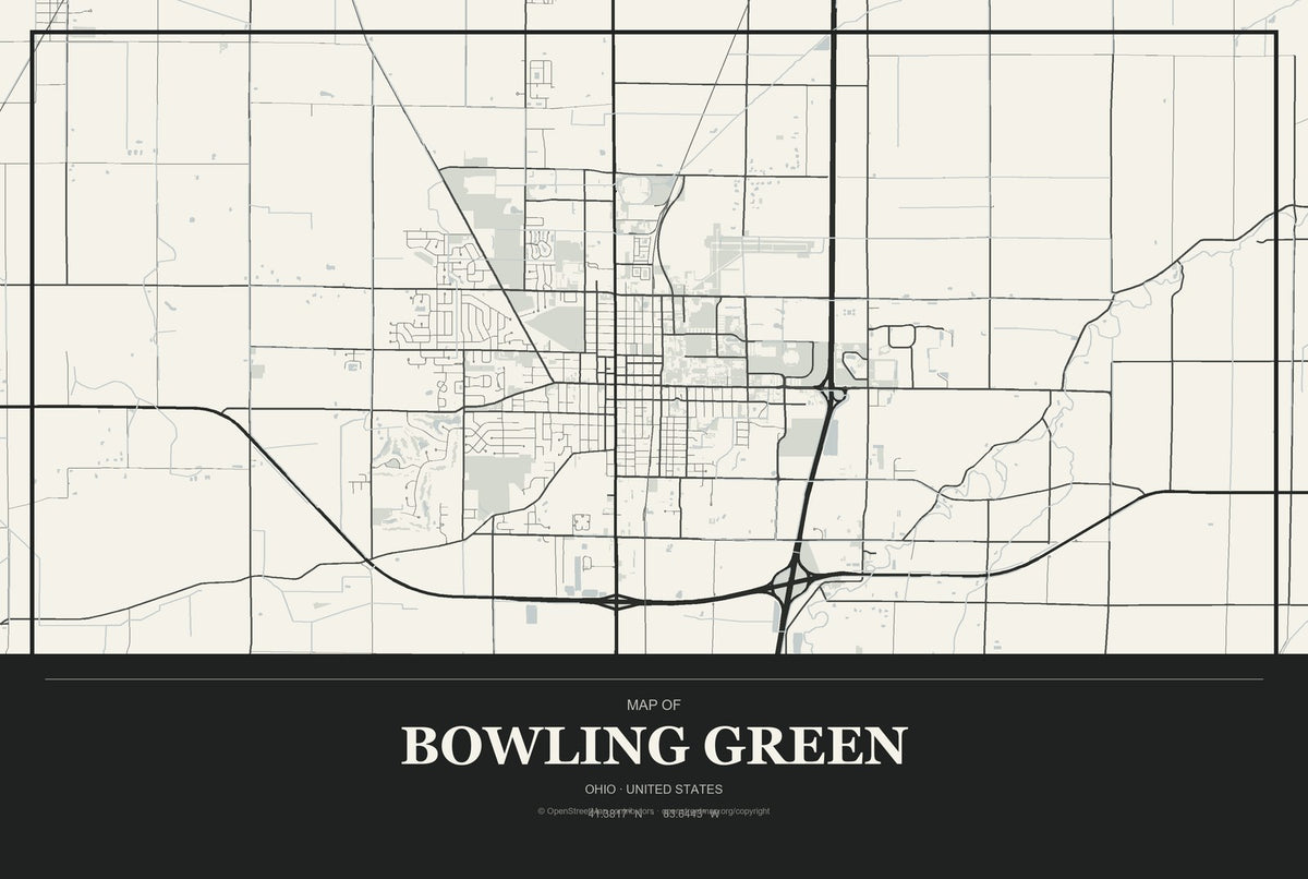 Bowling Green, Ohio City Map Aluminum Sign in Museum Plaque style