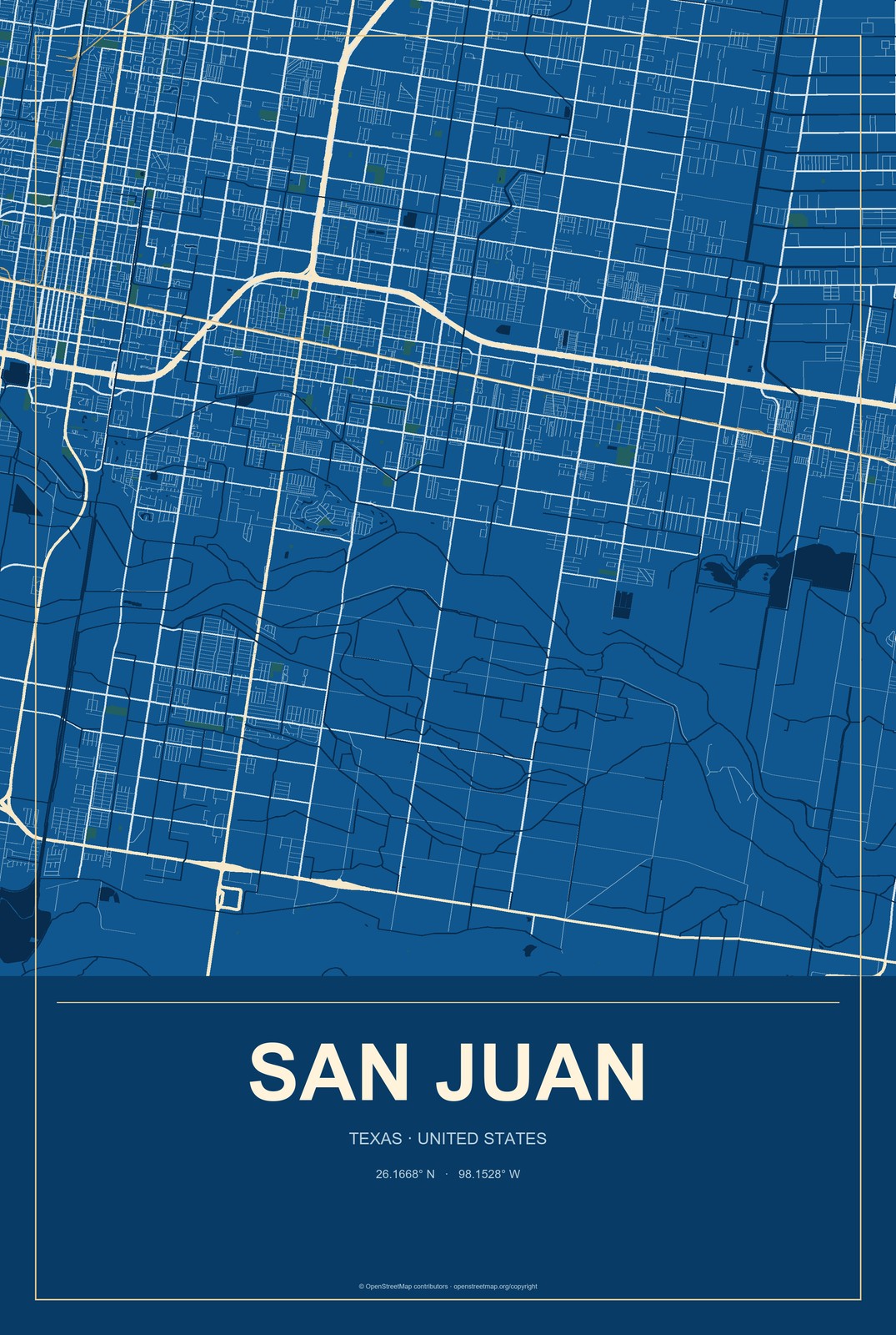 San Juan, Texas City Map Aluminum Sign in Harbor Cobalt style