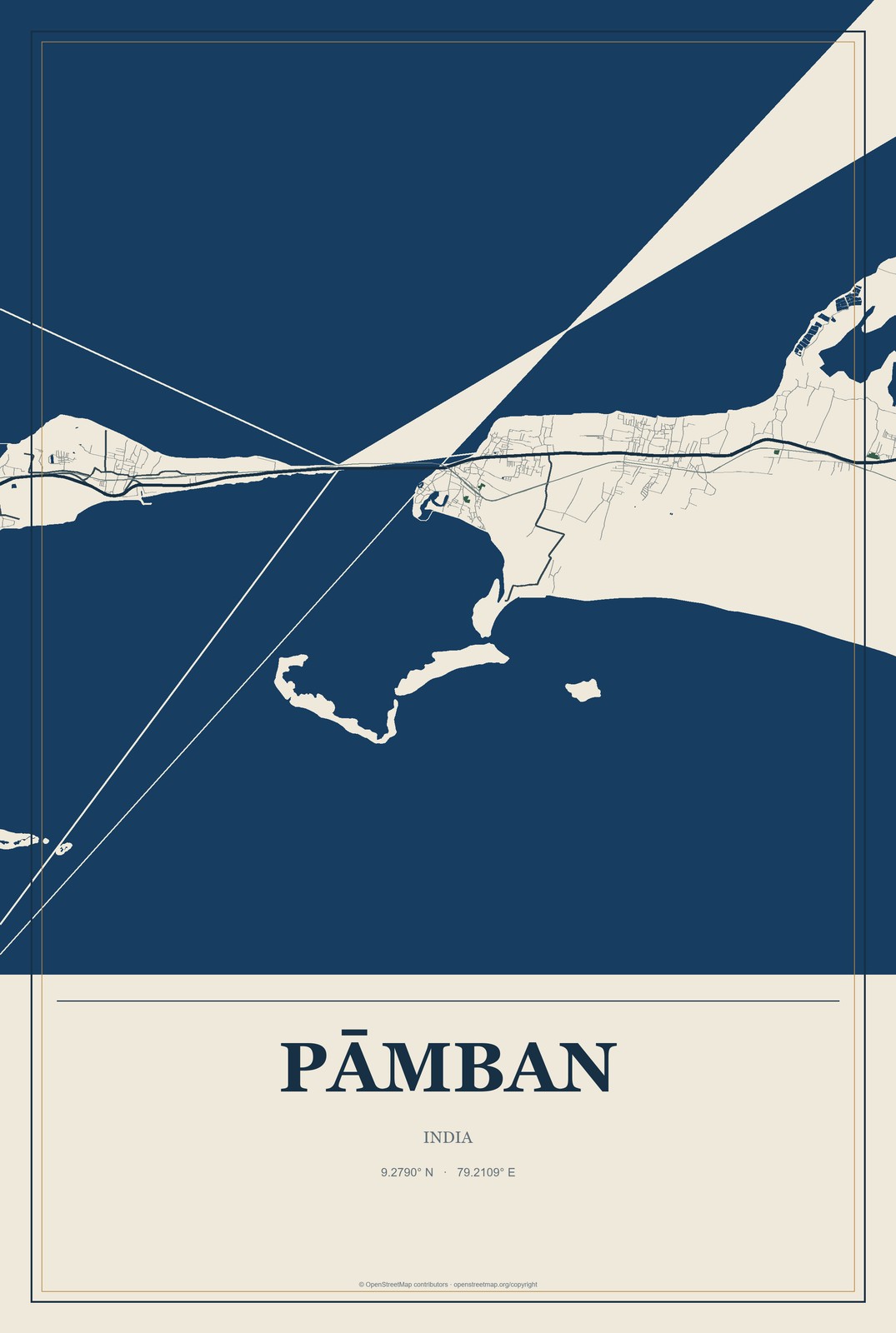 Pāmban, India City Map Aluminum Sign in Coastal Cutout style