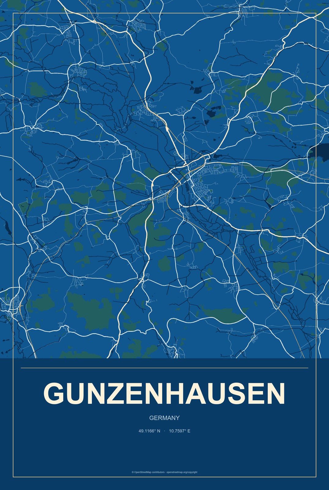 Gunzenhausen, Germany City Map Aluminum Sign in Harbor Cobalt style