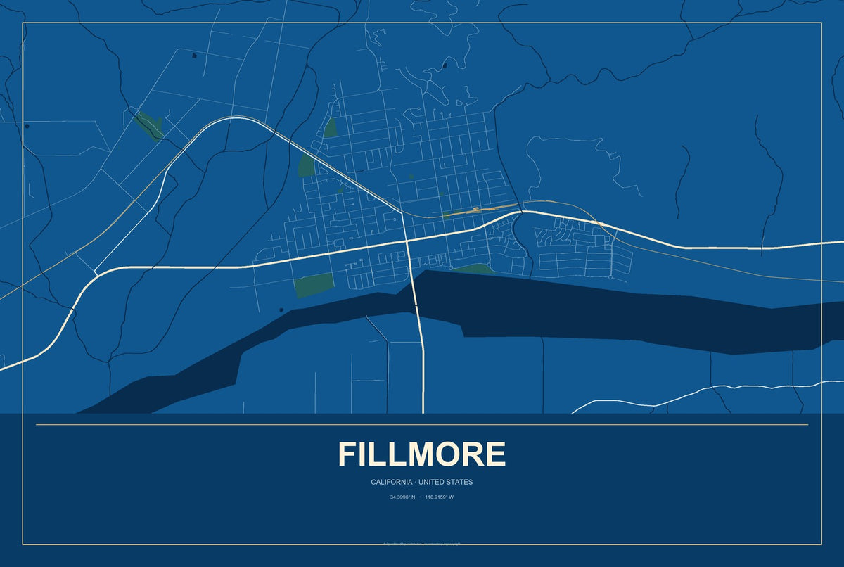 Fillmore, California City Map Aluminum Sign in Harbor Cobalt style